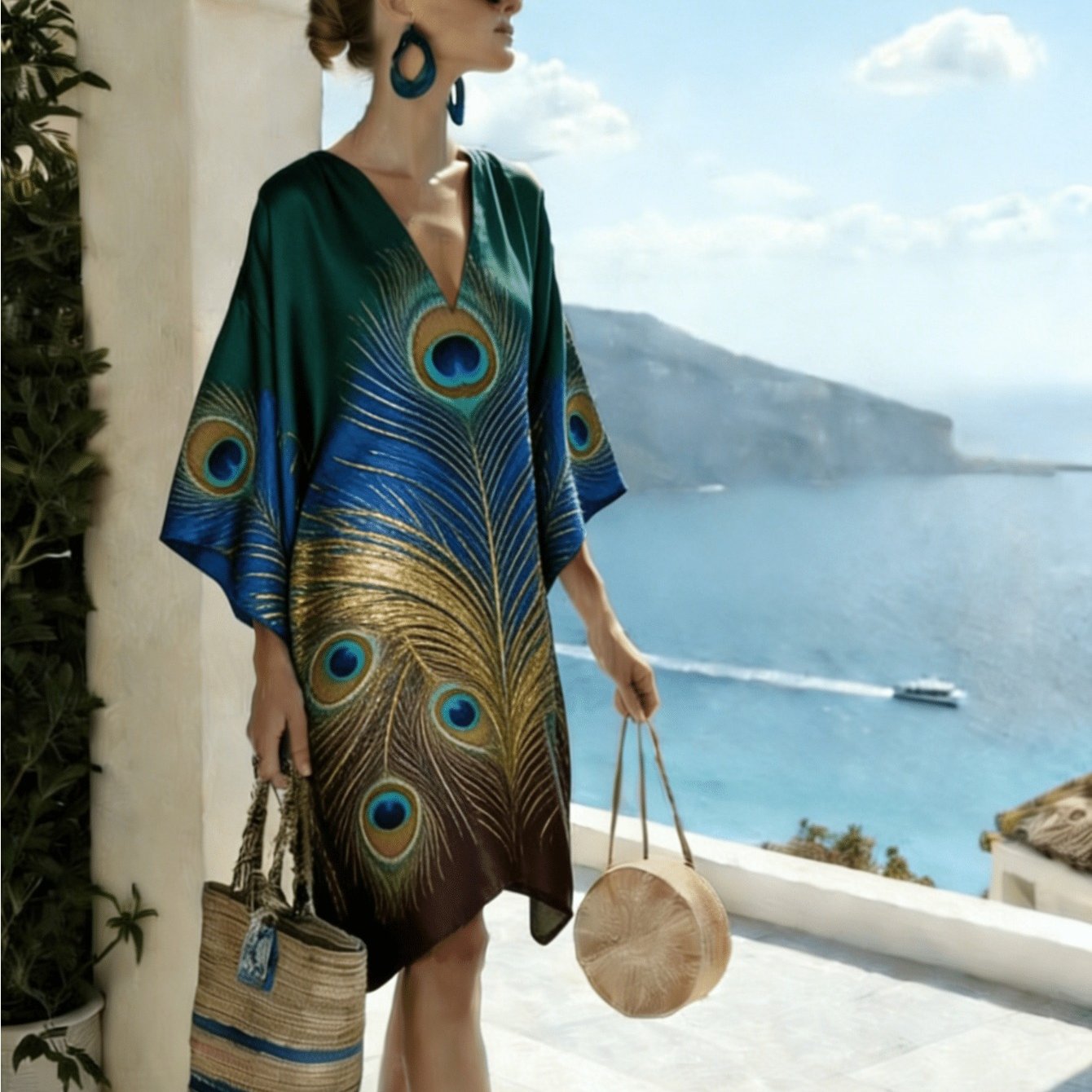 Image of Plus Size Women's Peacock Print Loose Kaftan Robe Dress, V-neck Short Sleeve Beach Blouse, Suitable For Vacation Travel