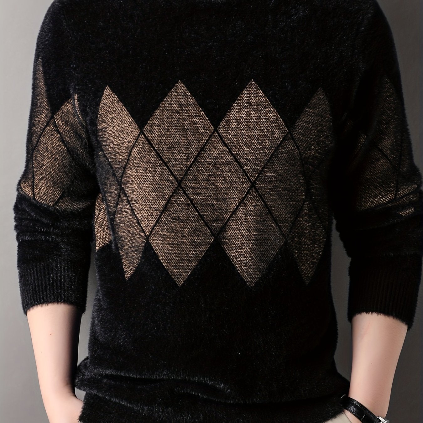 TEMU [star ] Autumn And Winter Men's Round Neck Geometric Pattern One-piece Velvet Thickened Knit Sweater
