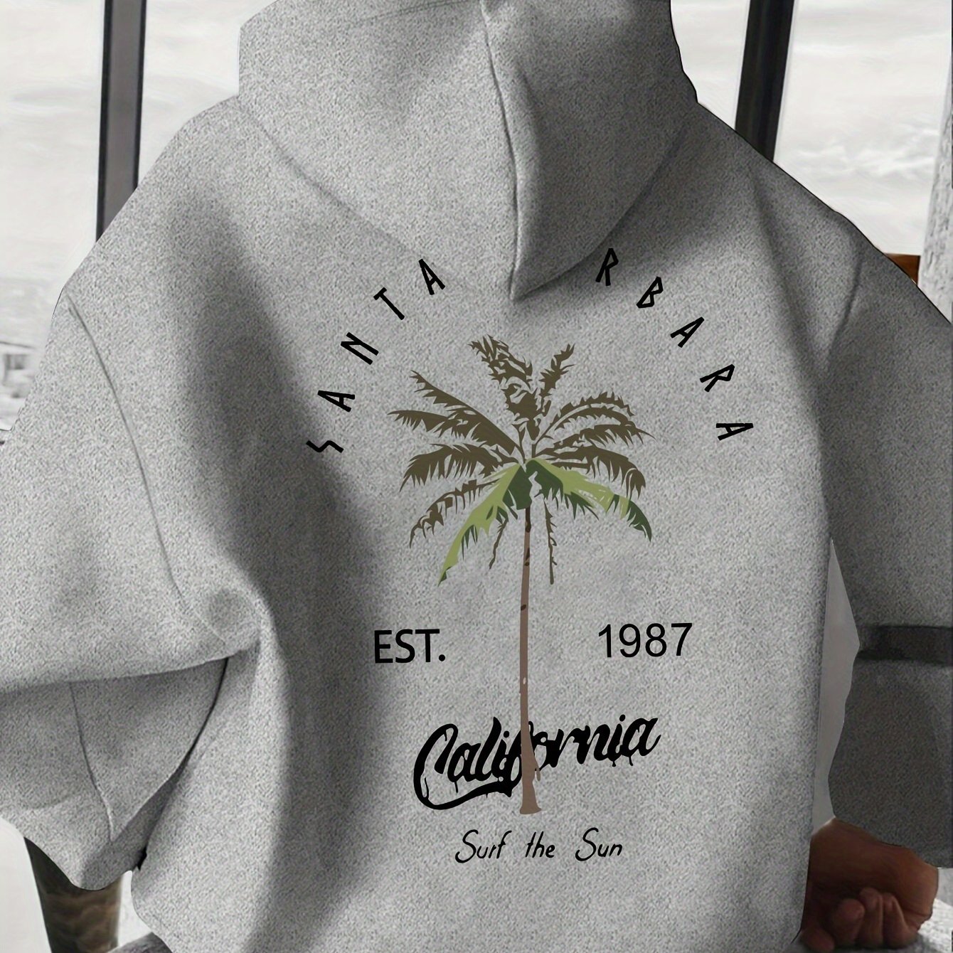 TEMU Men's Autumn Winter Coconut Tree Print Hooded Fleece-lined Sweatshirt, Versatile Easy Style Athletic Casual Loose Hooded Sweatshirt