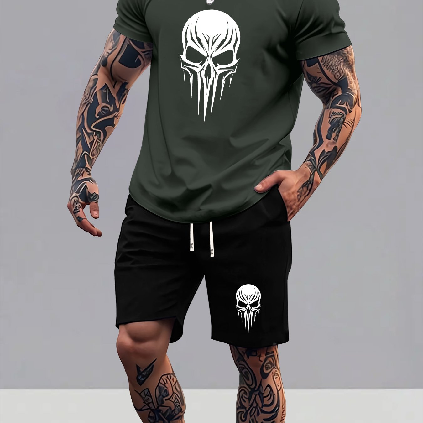 TEMU Men's Summer T-shirt 2pcs Set, Skull Print Element Men's Versatile Shorts Outfit, Casual Short Sleeve Top Trendy Leisure Sportswear