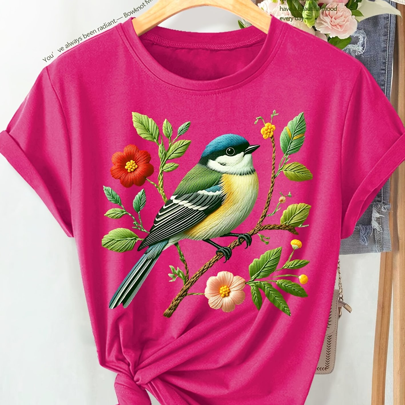 TEMU Minimalist Lovely Elegant Women's Clothing Mountain Sparrow Red Flower Branch Leisure Style Fashion Retro Style Spring And Summer Women's Plus