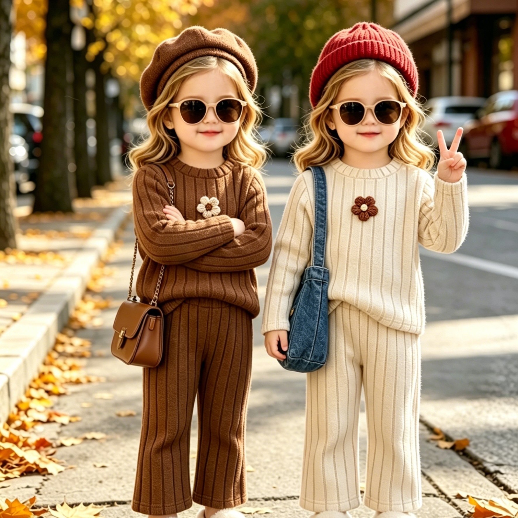 European And American Autumn/winter Children's Clothing Set, Girls' Two-piece Outfit With Ribbed Long-sleeve Top + Slim Fit Straight-leg Pants In Apricot/brown, Multiple Colors , Perfect For Outdoor