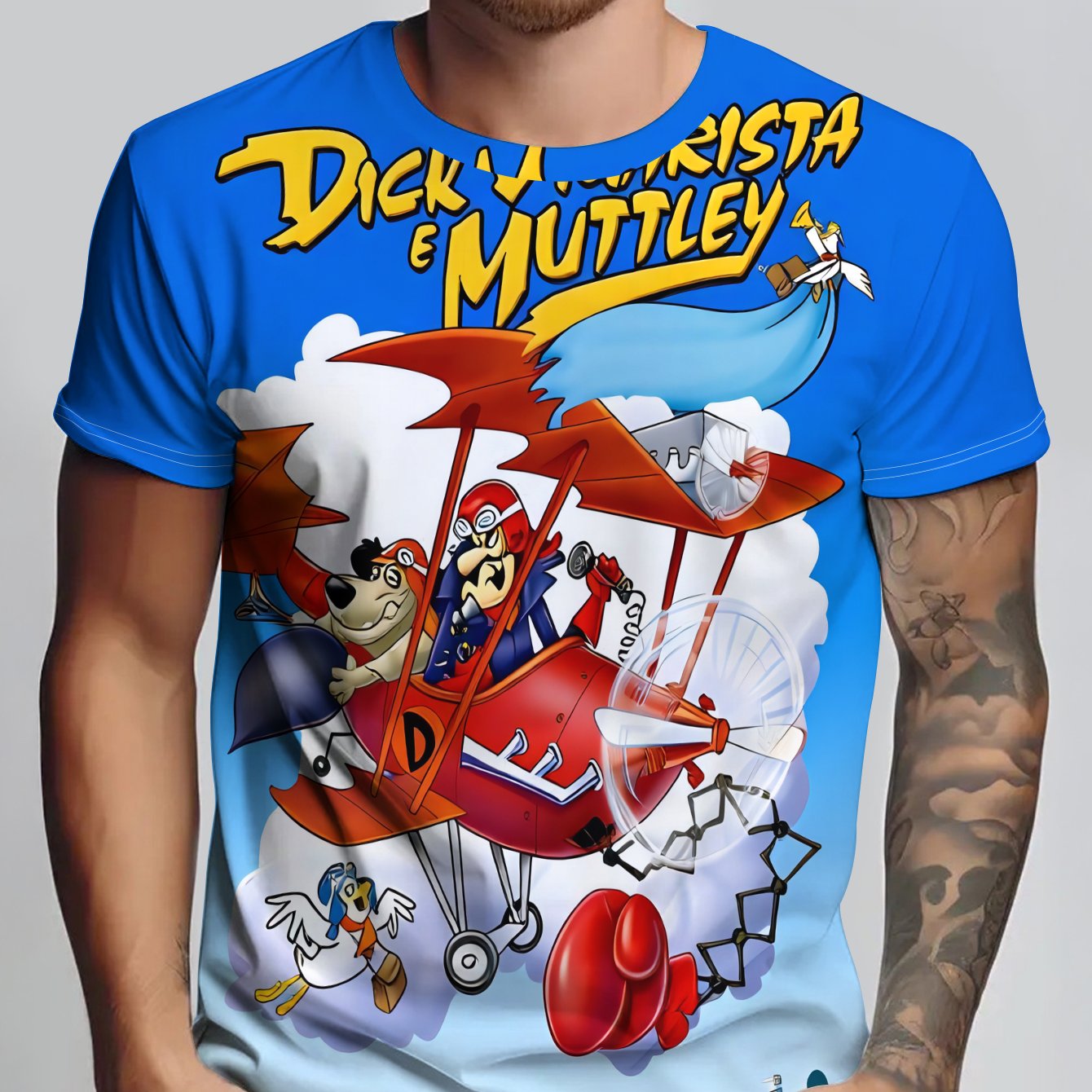 TEMU Men's Blue T-shirt With ", Muttley" And Cartoon Airplane Print