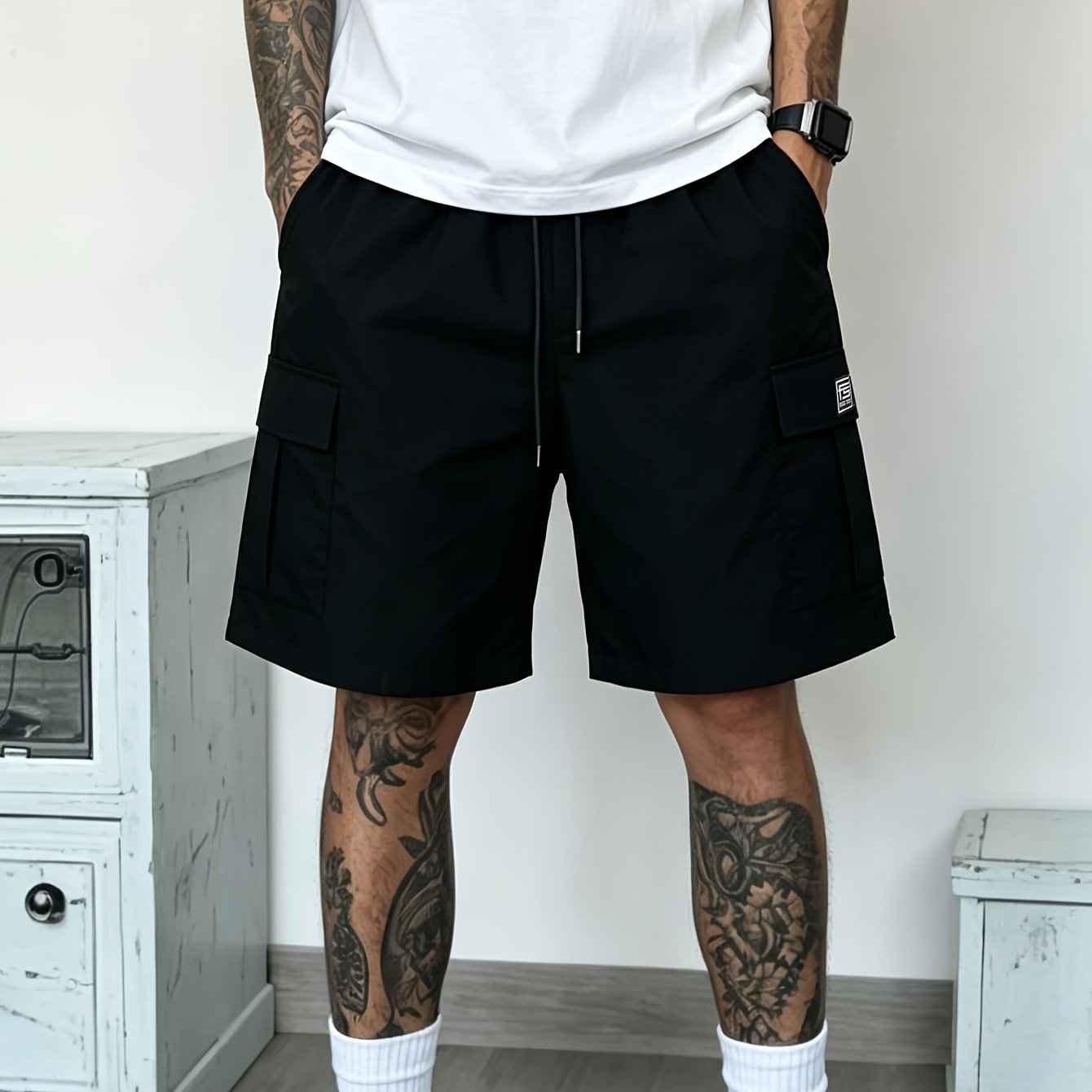 TEMU Plus-size Men' And Stylish Casual Workwear Shorts, Versatile Style, Suitable For Daily , Leisure, And Sports Fitness. Men's Drawstring Waistband