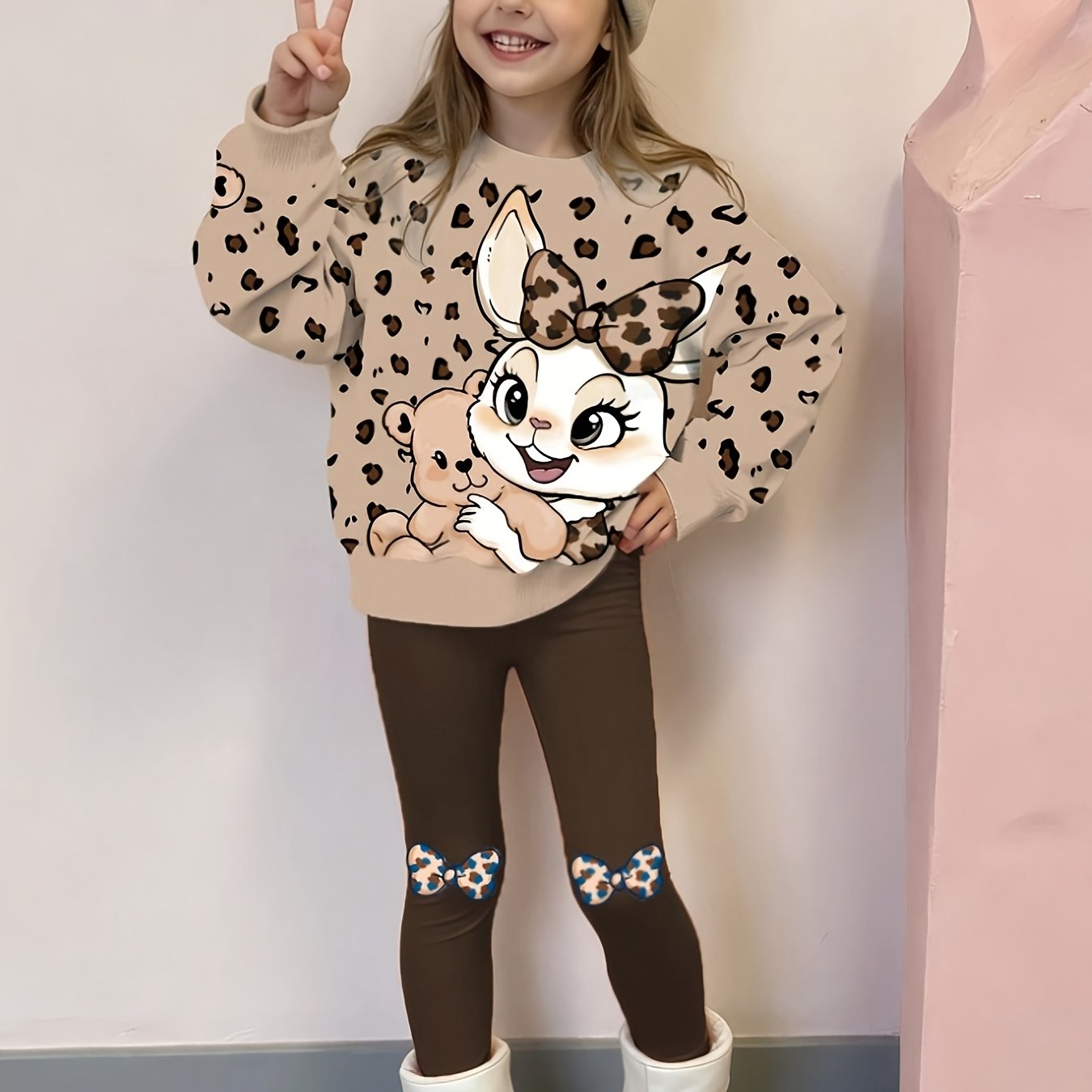 TEMU 2pcs Set: Cute Rabbit Leopard Print Top, Crewneck Sweatshirt And... Leggings Set, Stylish Casual Autumn Comfortable Back-to-school Outfit,