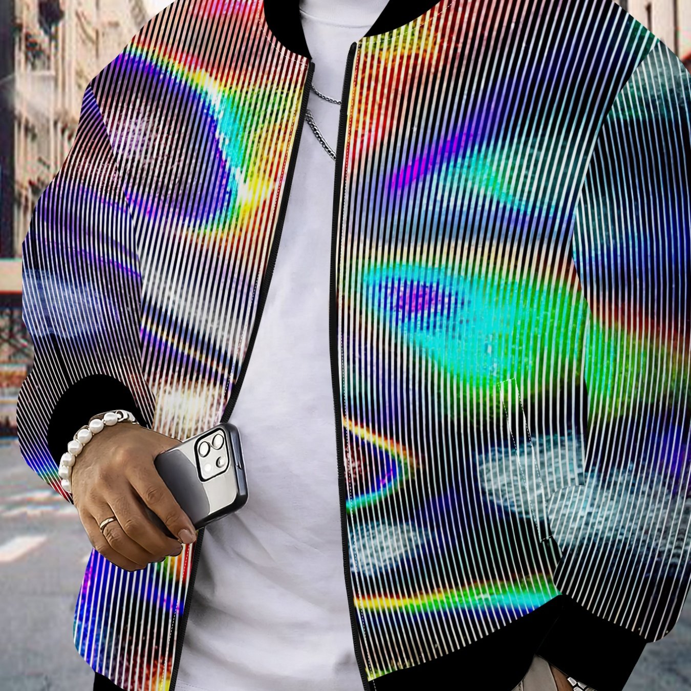 TEMU Men's Fashion Colorful Stripe Printed Zip Jacket Spring Autumn Loose Casual Jacket Coat