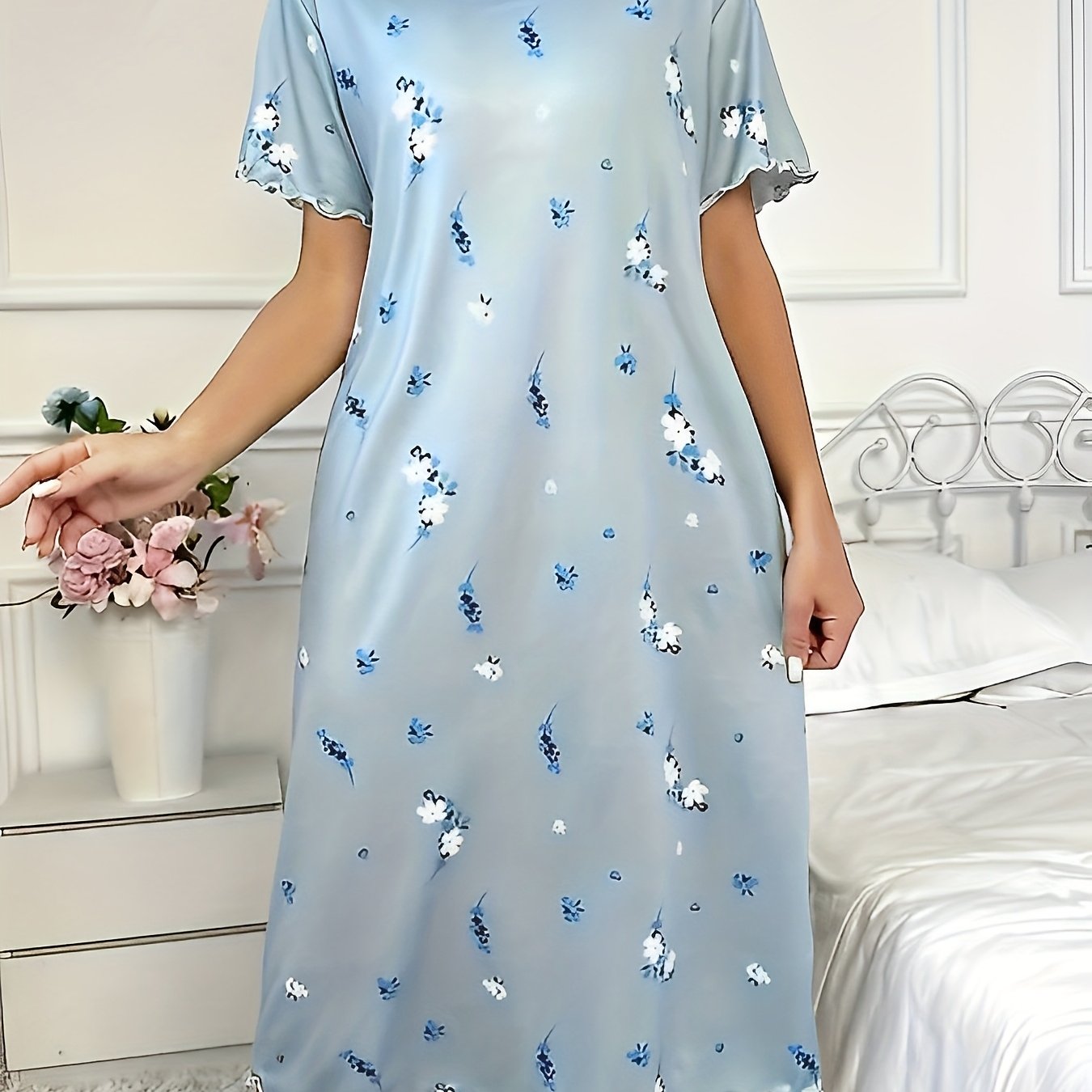 Floral Print Plus-size Crew Neck Short-sleeved Pajamas Nightdress