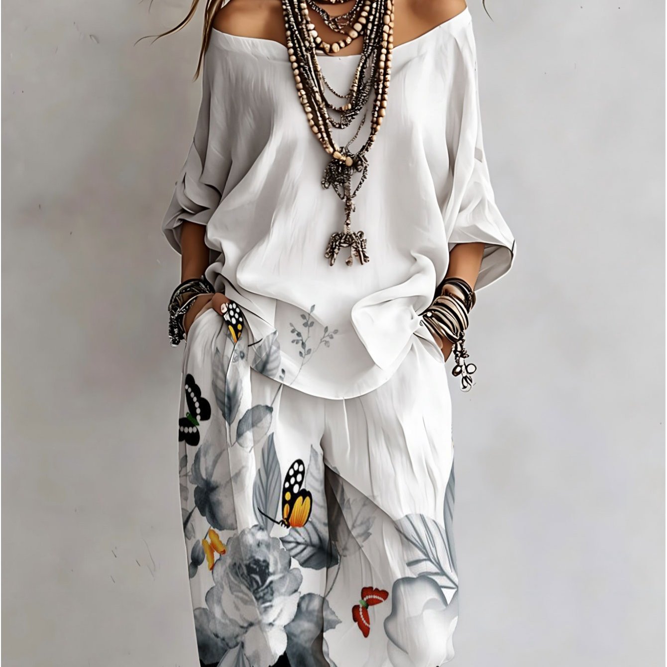 Women's Boho Floral 2pcs Outfit Off-shoulder Batwing Sleeve Loose Top Wide-leg Pants Set Elegant Watercolor Flower Print Holiday Casual Suit