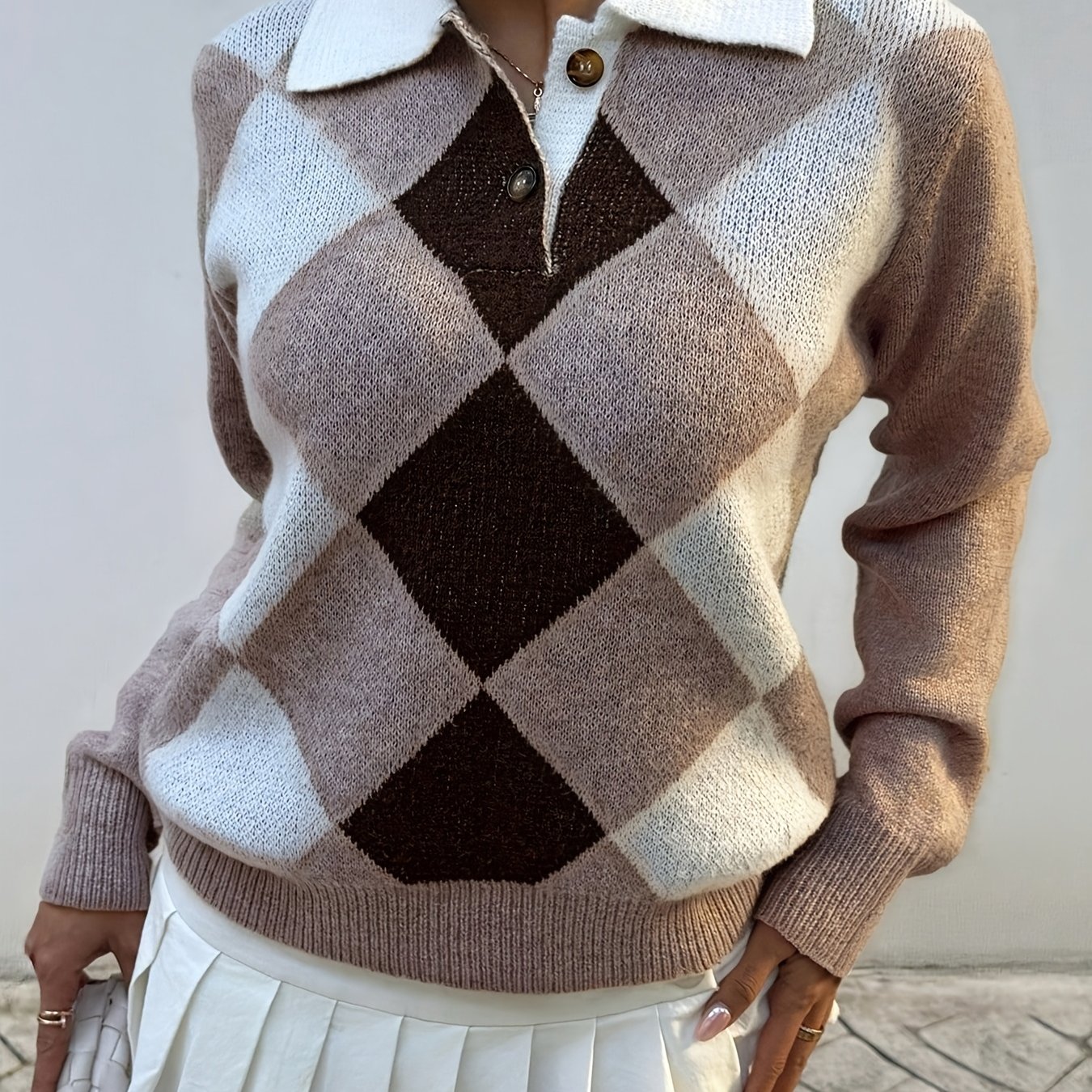 TEMU Women's Color Block Rhombus Grid Sweater - Soft Neck Long Sleeve Blouse, -line Silhouette Casual Spring/fall With Color-change (suitable For