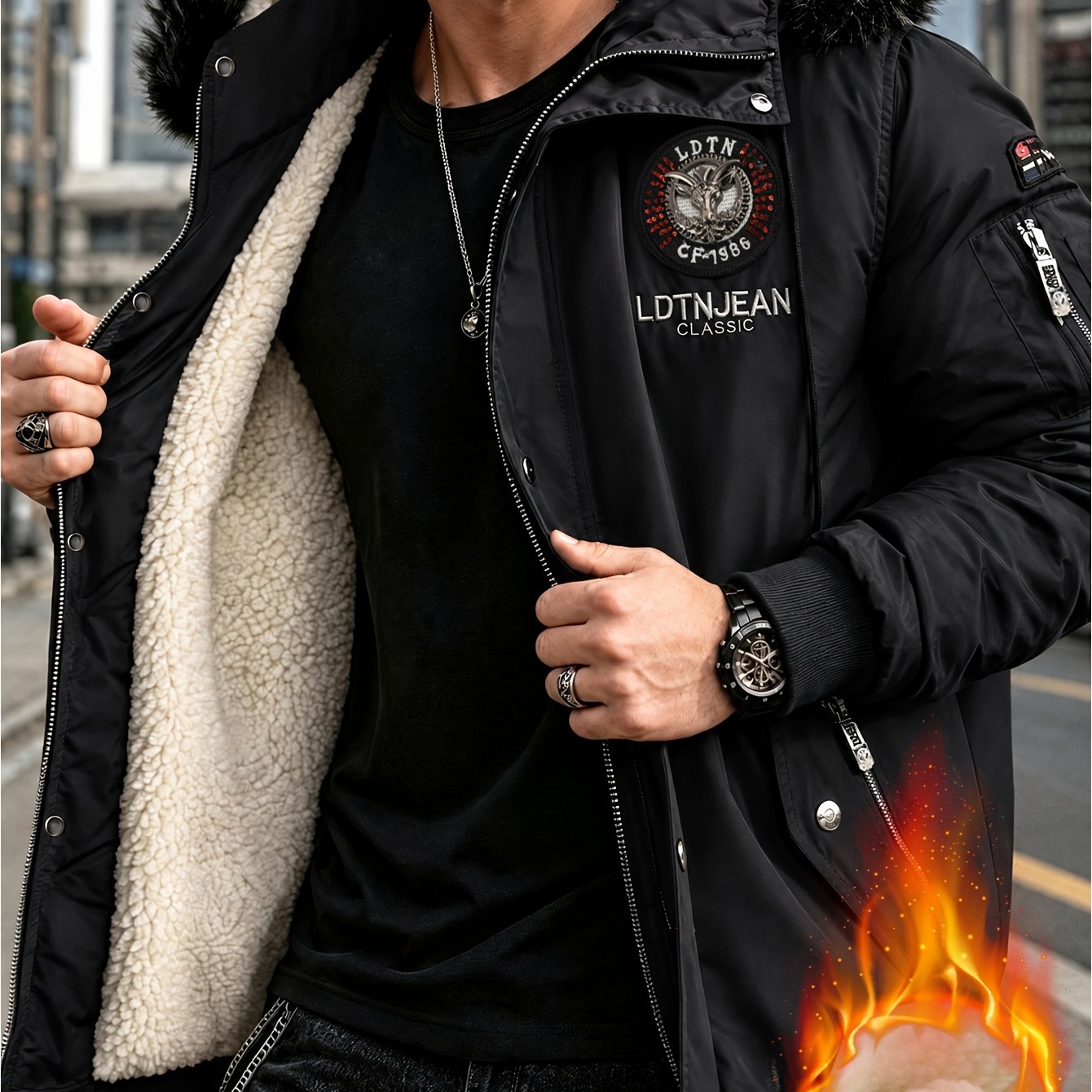 Image of Men's Winter Fleece Lined Hooded Jacket Is A Stylish And Warm Thick Jacket With Zipper Closure And Side Pockets, Suitable For Casual