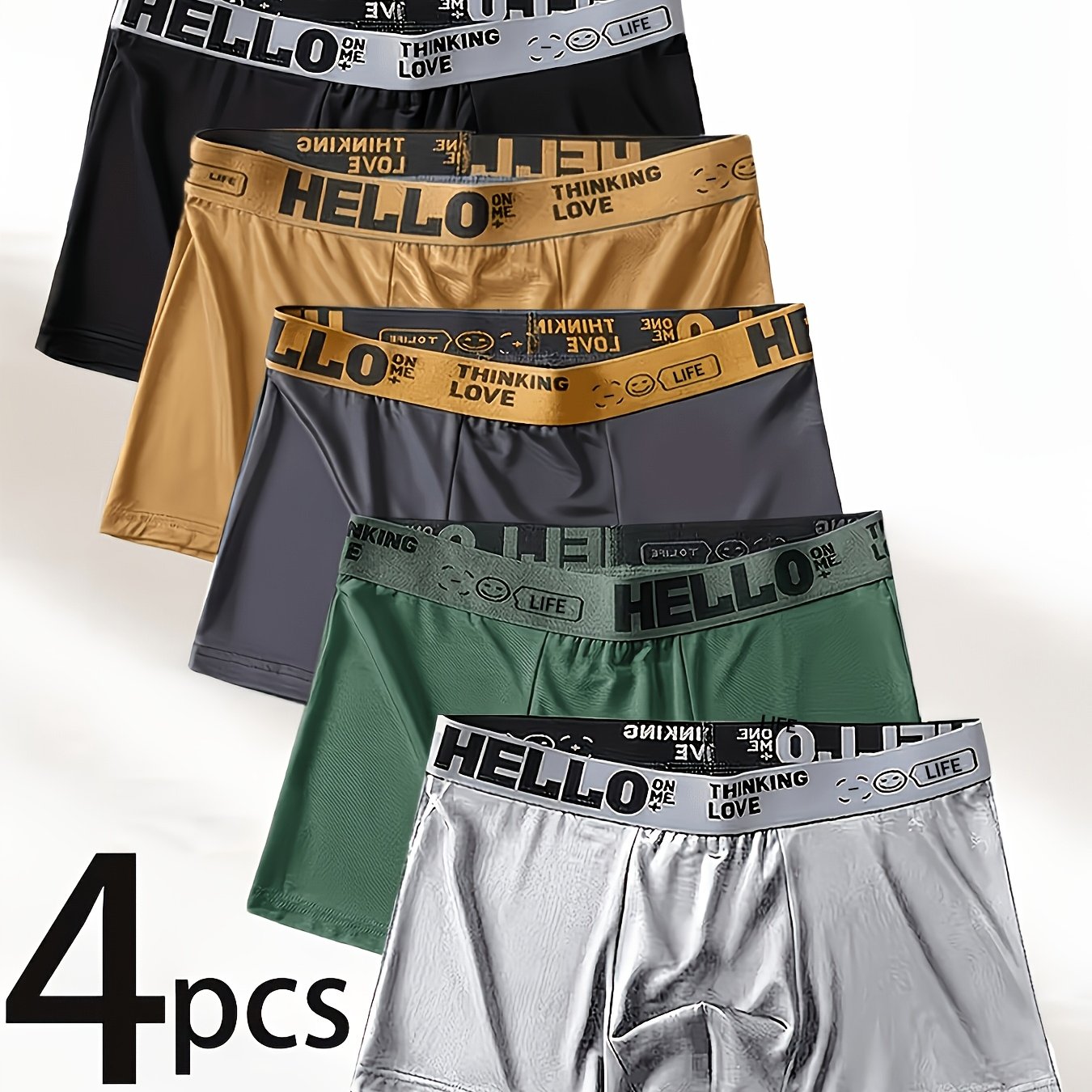 TEMU Random 4pcs Men&;s Hello Boxer Briefs, Soft And Comfortable, With "hello" Letter Print Waistband, , Perfect For Daily Wear Or Casual Outdoor