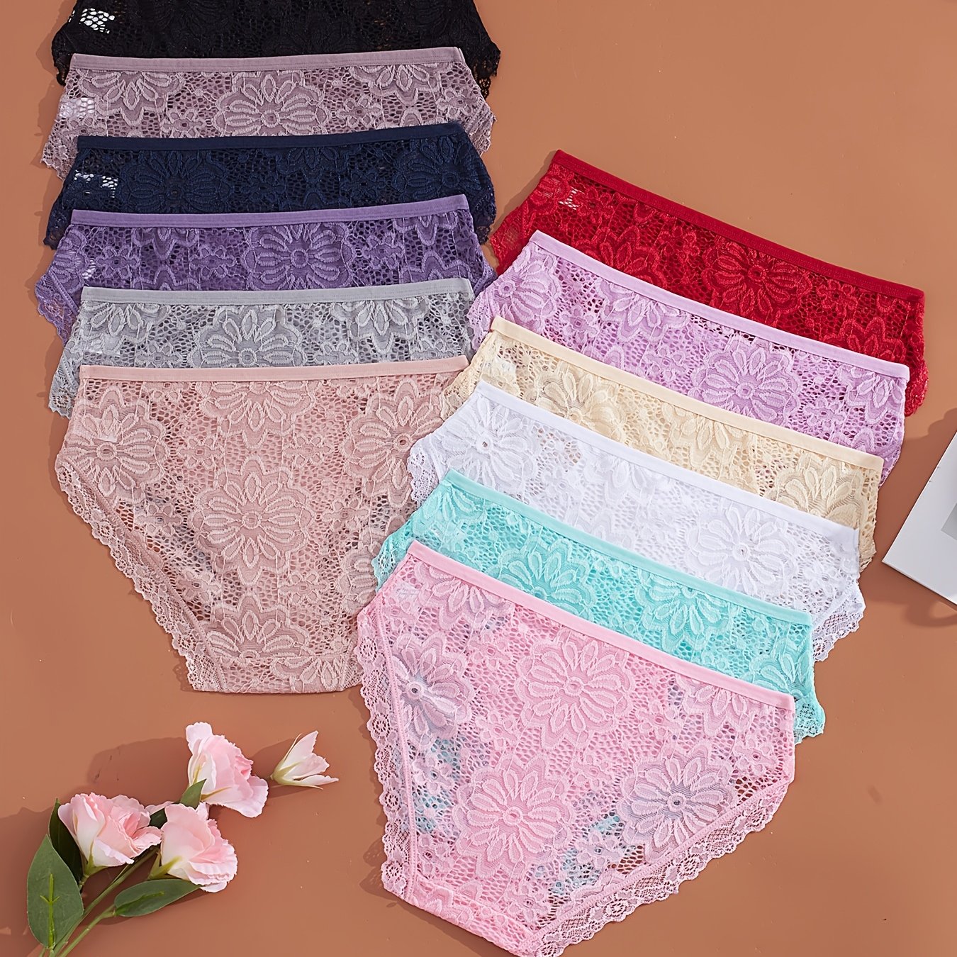 Image of 12pcs Women's Lace Panties, Sexy Floral Contrast Lace Trim, Breathable And Comfortable Mid-rise Briefs, Assorted Colors, Cute Panties