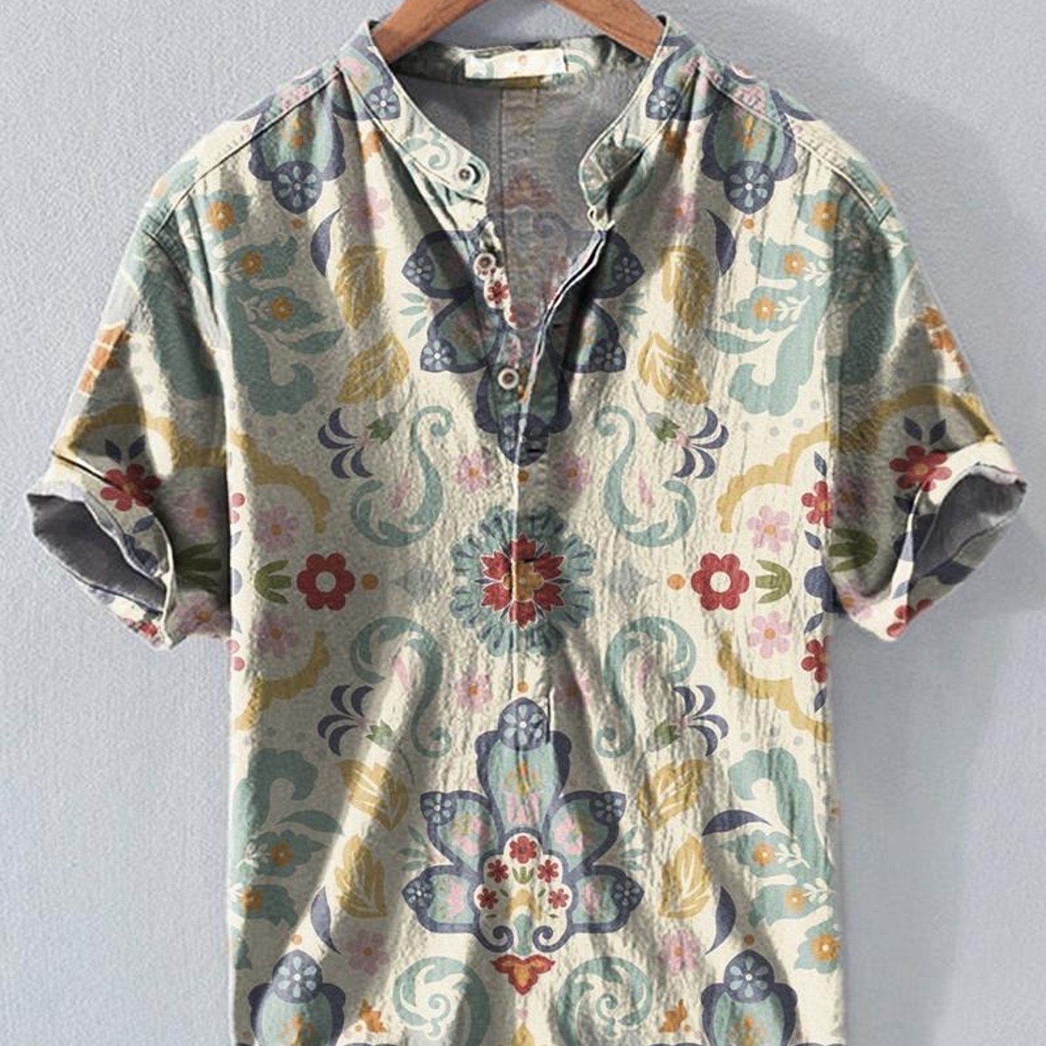 Image of Men's Floral Shirt, Short-sleeve Collar, Mixed Colors, Multiple Sizes , Stylish For Daily Wear, Light-colored Base With Colorful Flowers, Leaves & , Hung On