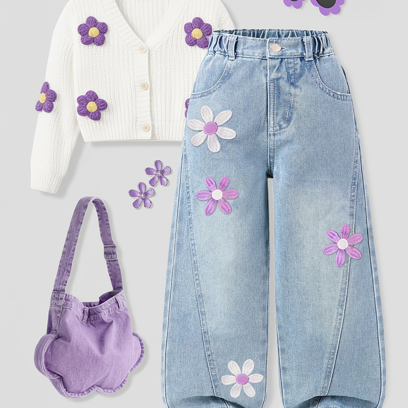 TEMU A Pair Of Pants, Y2k ' Faux Denim Straight Leg Pants, Girls' Summer Clothing With Flower Embroidery Pattern Multi-pocket Pants, With Button Faux