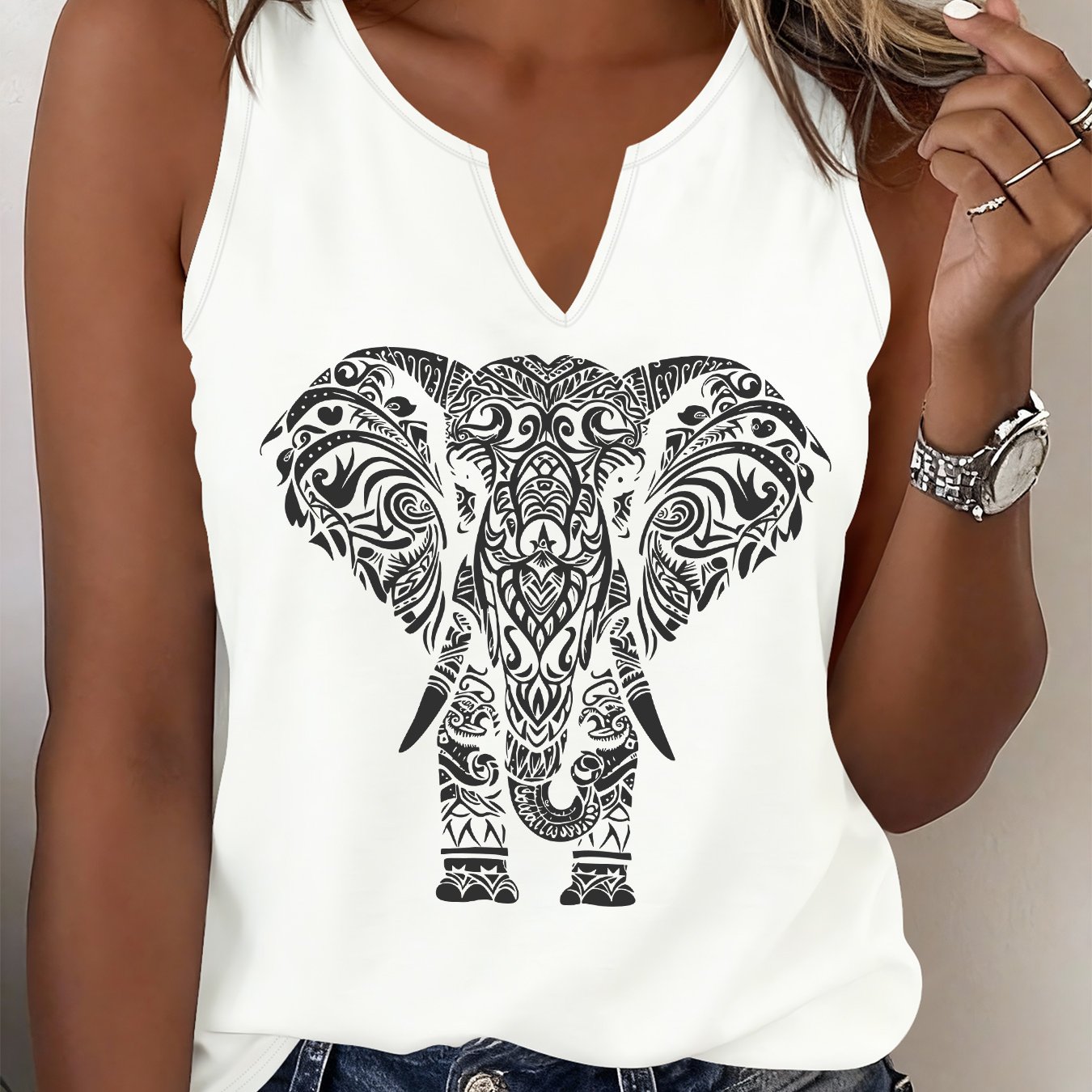 TEMU (052#) Women's Fashionable And Refreshing Sleeveless Vest, Ethnic Style Elephant Print Sleeveless Top With Simple V-neck Design For Daily Casual