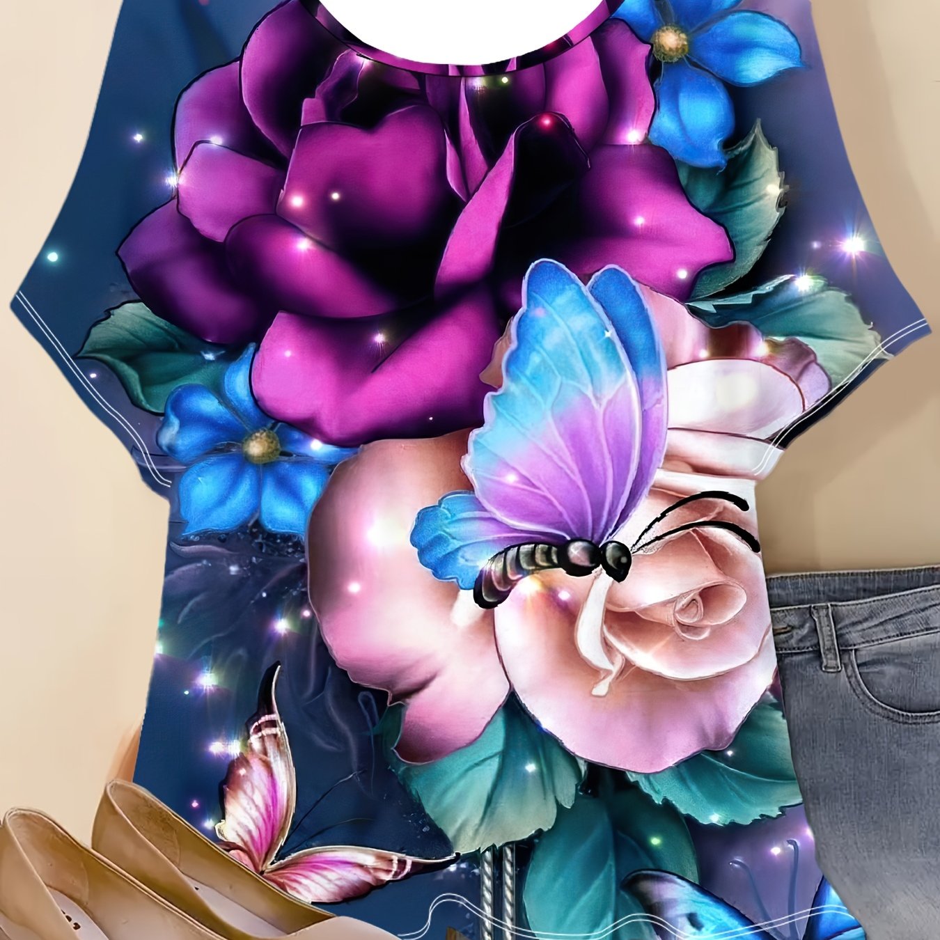 TEMU Plus Size, Plus-size Women's Elegant Short Sleeve T-shirt - Full-body Dark Blue With Purple Rose & Print Round Neck Suitable For Summer Casual