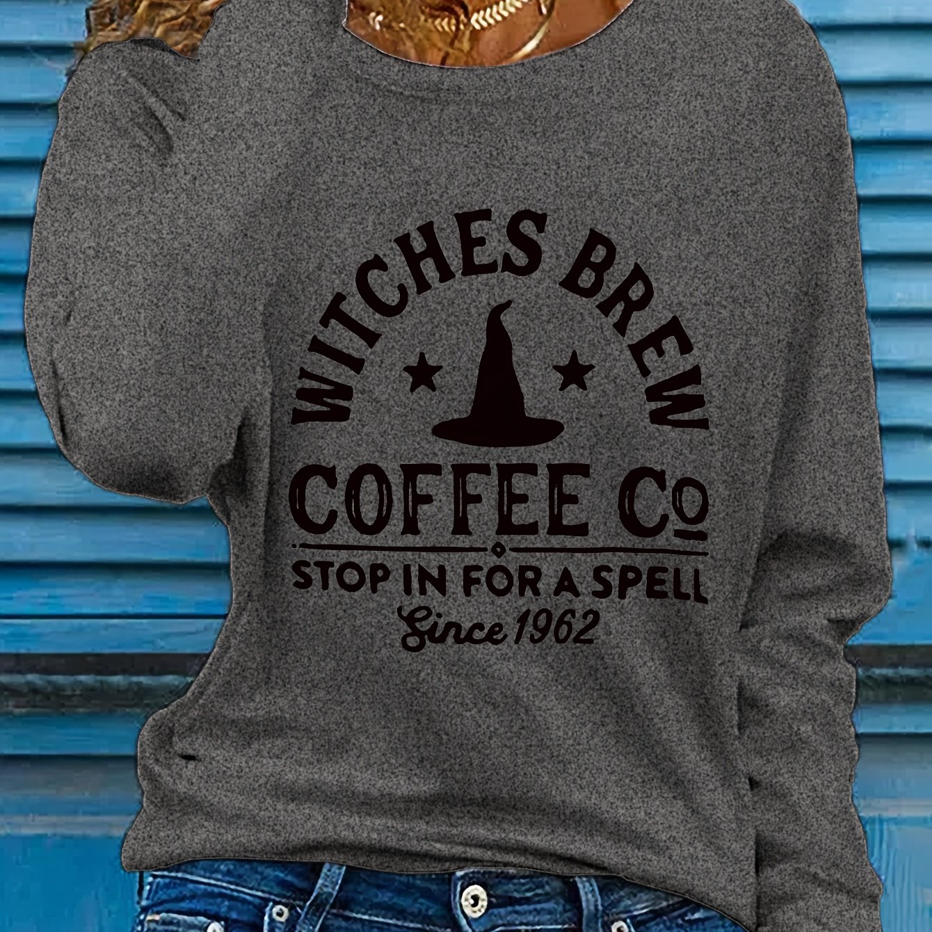 TEMU T-shirt décontracté à manches longues pour femmes avec impression de lettres de 's Brew Coffee Co, col rond, polyester 100%, coupe régulière,
