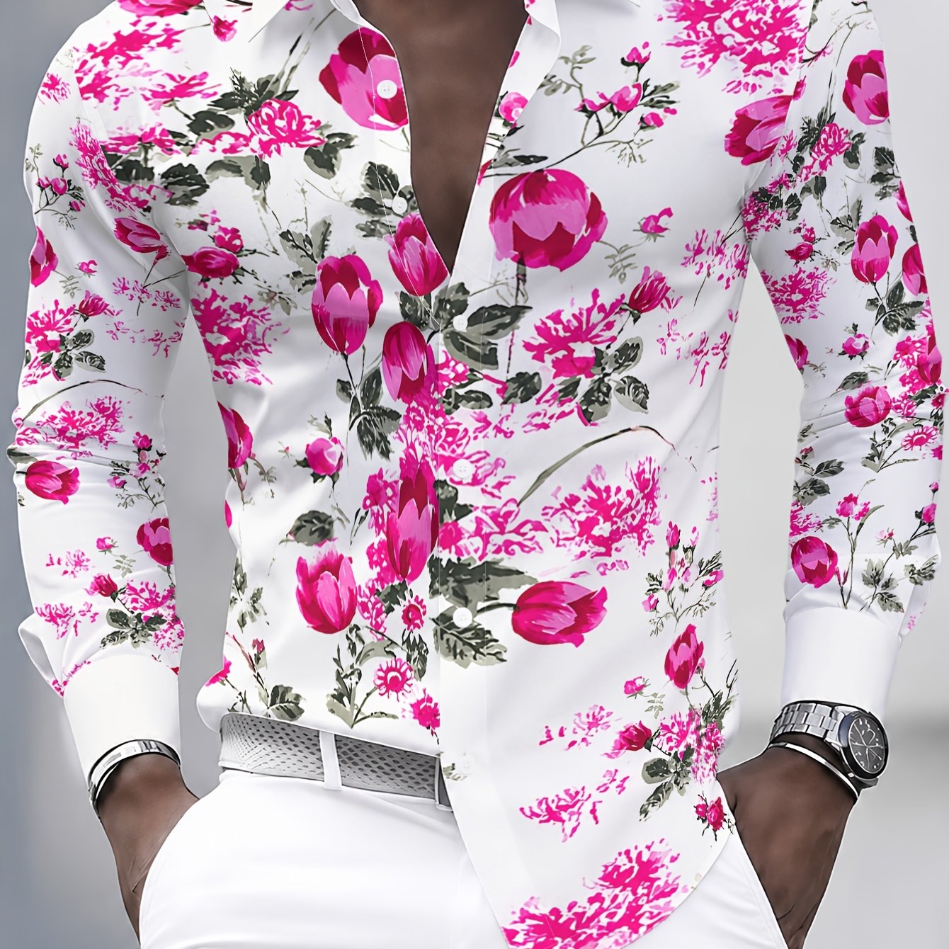 TEMU [printed Design â Not Textured] Men's Long-sleeve Shirt With Floral Print, Floral Printed Shirt For Men, Soft Pink Floral Pattern Men's Shirt,