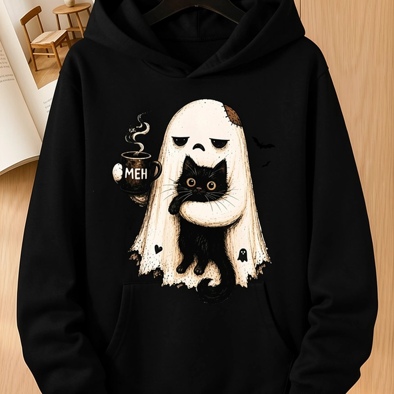 Image of Meh Cat Halloween Hoodie, Funny Black Cat Coffee Graphic Men's Pullover Hoodie, Long Sleeve Hooded Sweatshirt With Kangaroo Pocket, Retro Spooky Casual Streetwear Top For Fall Winter, Daily Wear