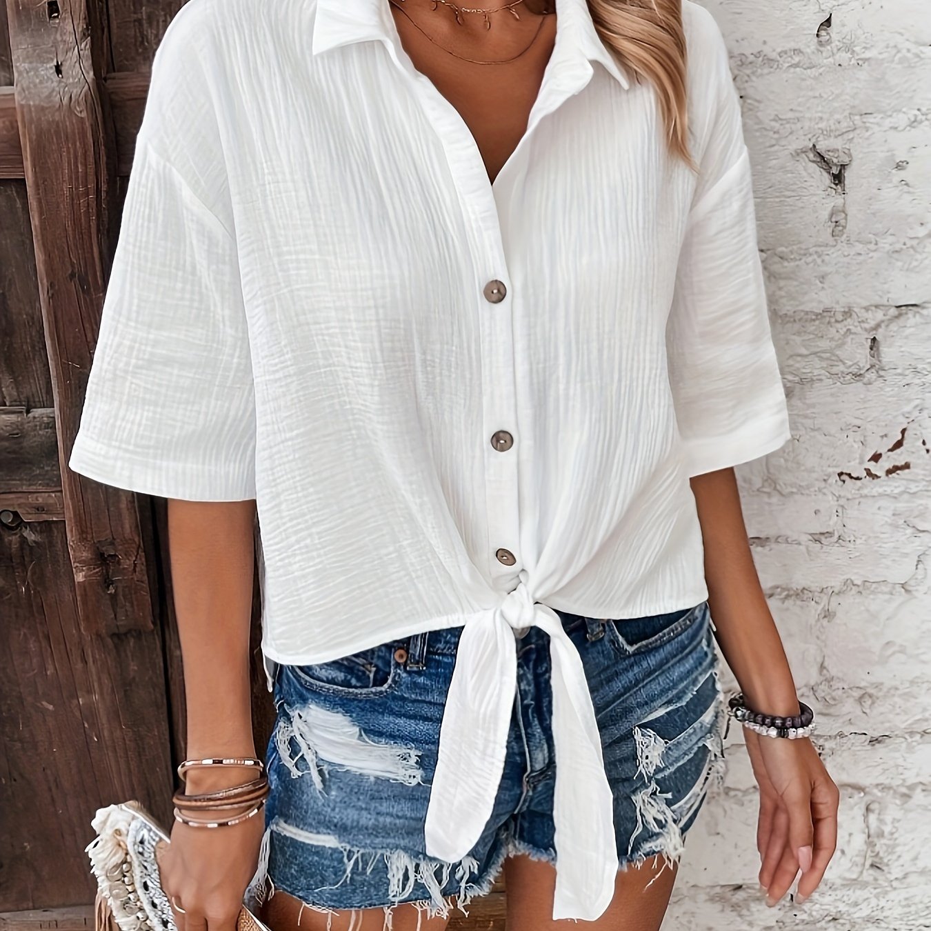 Women's Elegant And Stylish Top, Women's Button-up Short-sleeved Shirt Top