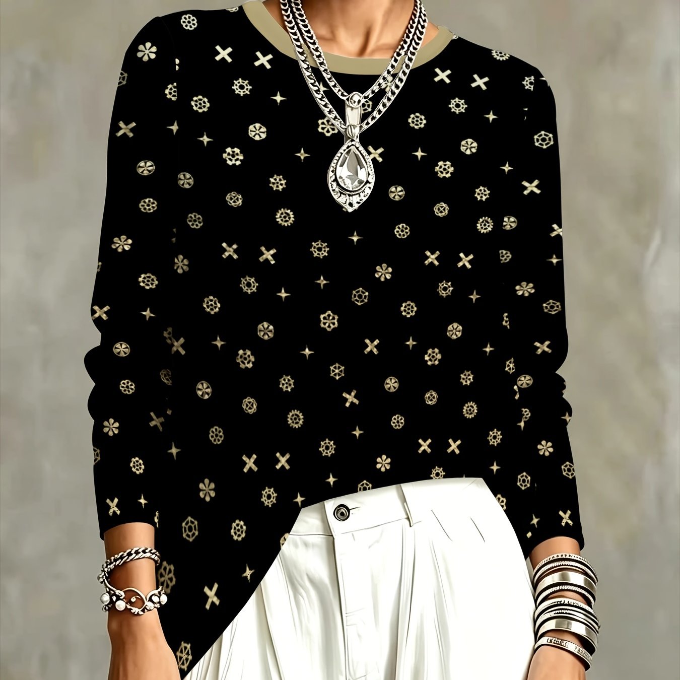 TEMU Plus Size, Women's Fashion Printed Long-sleeve Top Golden Geometric Versatile Leisure Wear Match Trendy Unique Daily Street Essential Item