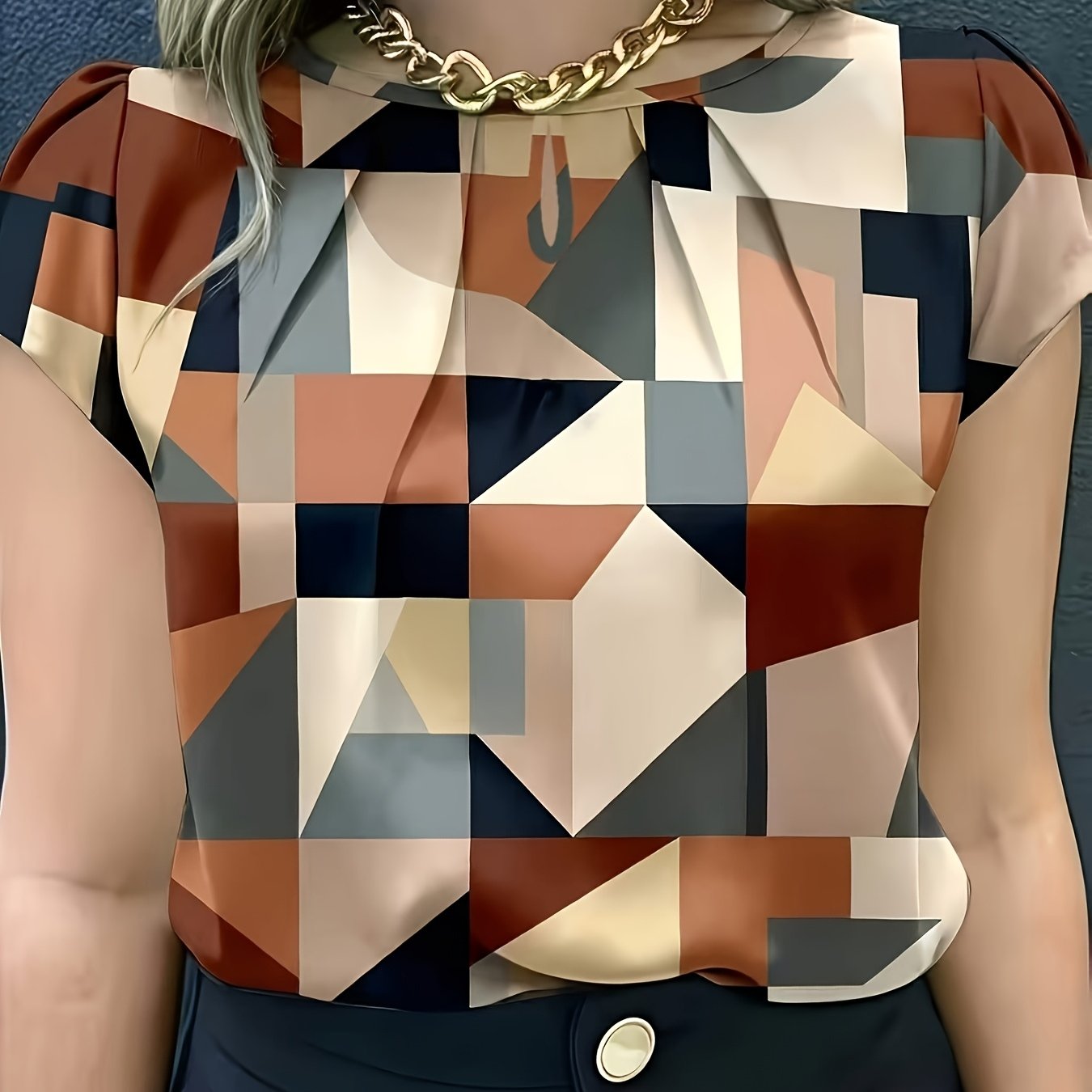 TEMU Elegant Geometric Patterned Shirt For Women - A Beautiful V-neck Short-sleeve Top, Perfect For Casual Or Stylish Outfits And Autumn. Chic Casual