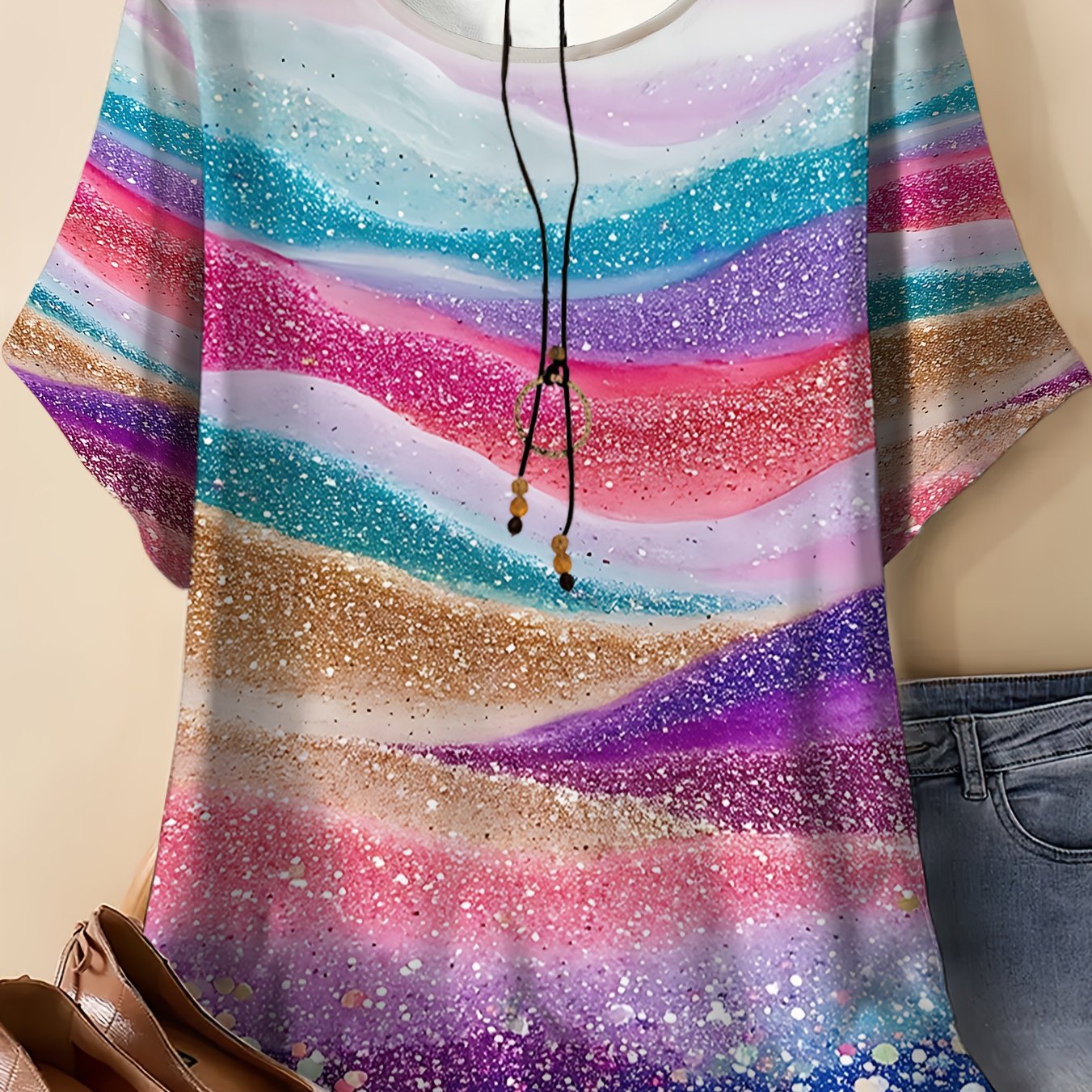 TEMU This Women's Plus-size Round-neck T-shirt Features A Base Of Gradient Wave Patterns In Pink, Purple, Blue, And Golden, Layered With Elements Of