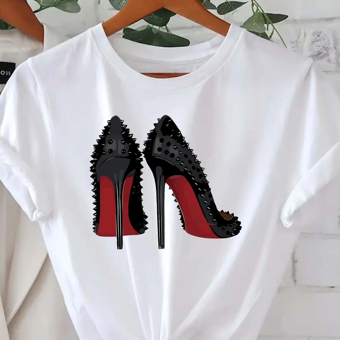 TEMU Ladies Casual Short Sleeve T-shirt, High Heels, Black High Heels Printed Short Sleeve, Loose Crew Neck, White, Machine Washable, Spring/ Summer