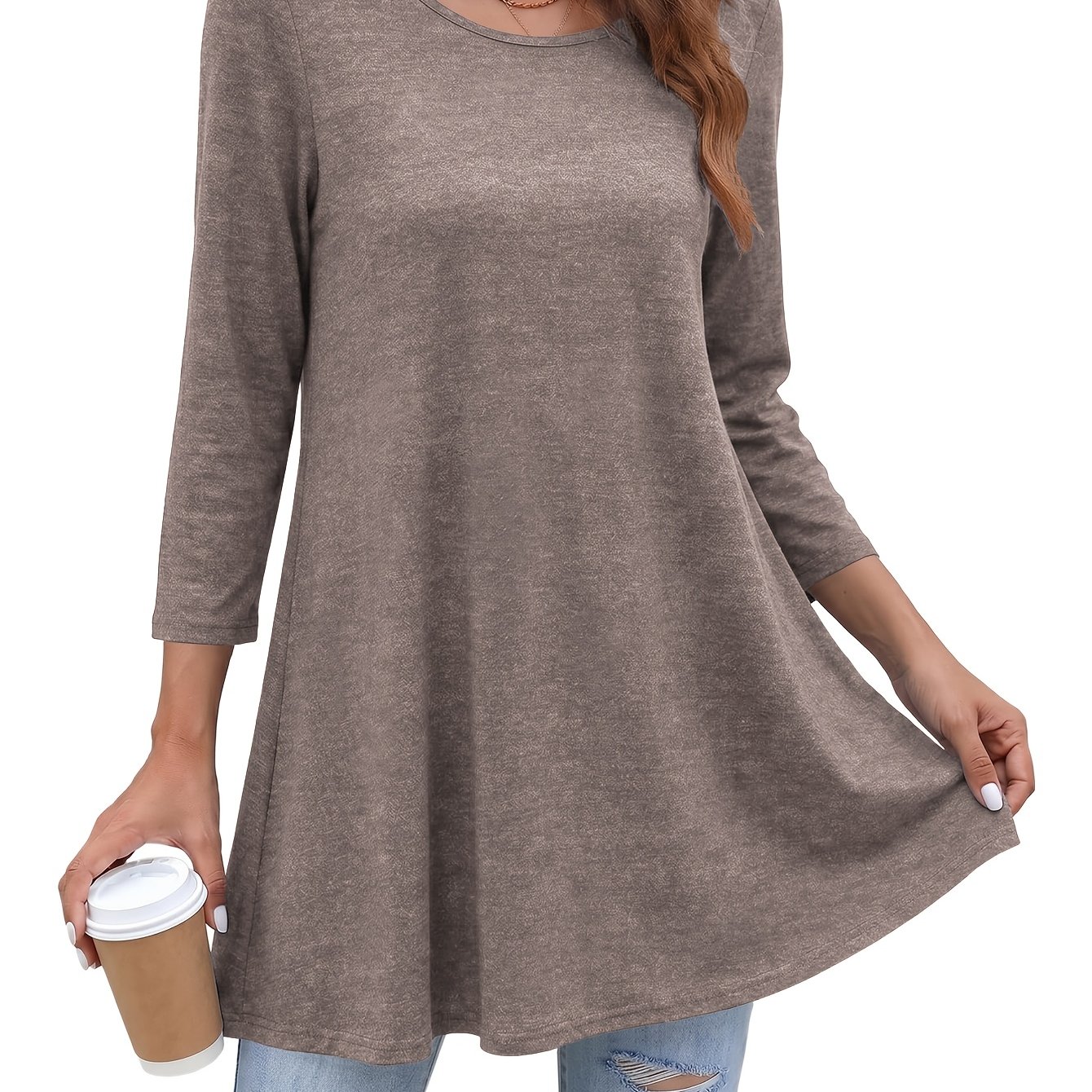 TEMU Haut long à manches 3/4 pour femme, T-shirt décontracté à coupe et , T-shirt élégant et confortable à col rond et manches -