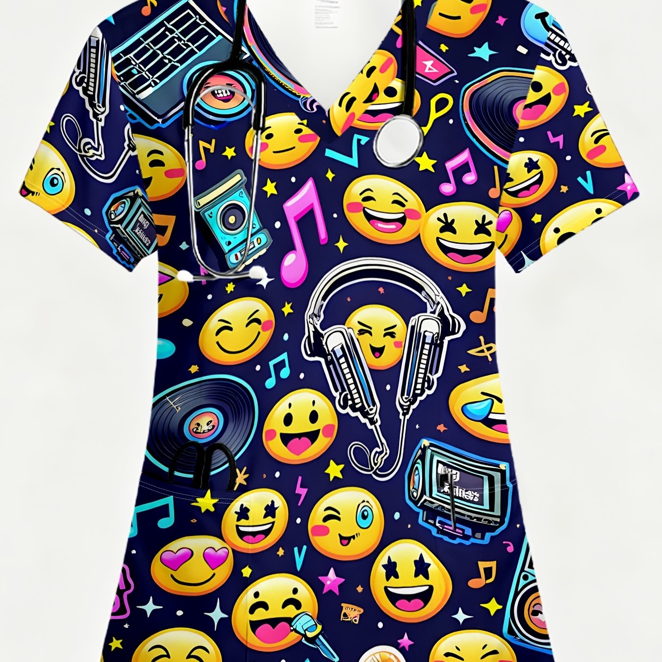 TEMU Women's Fashion V-neck Short Sleeve Top, , Featuring Adorable Print With Colorful And Musical Elements. Made From Breathable, Soft, And