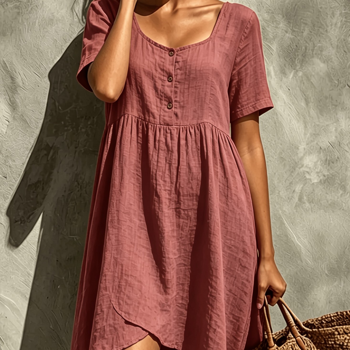 TEMU New Style Button-loose Design Quality Square Neck Short Sleeve Dress Casual Skirt