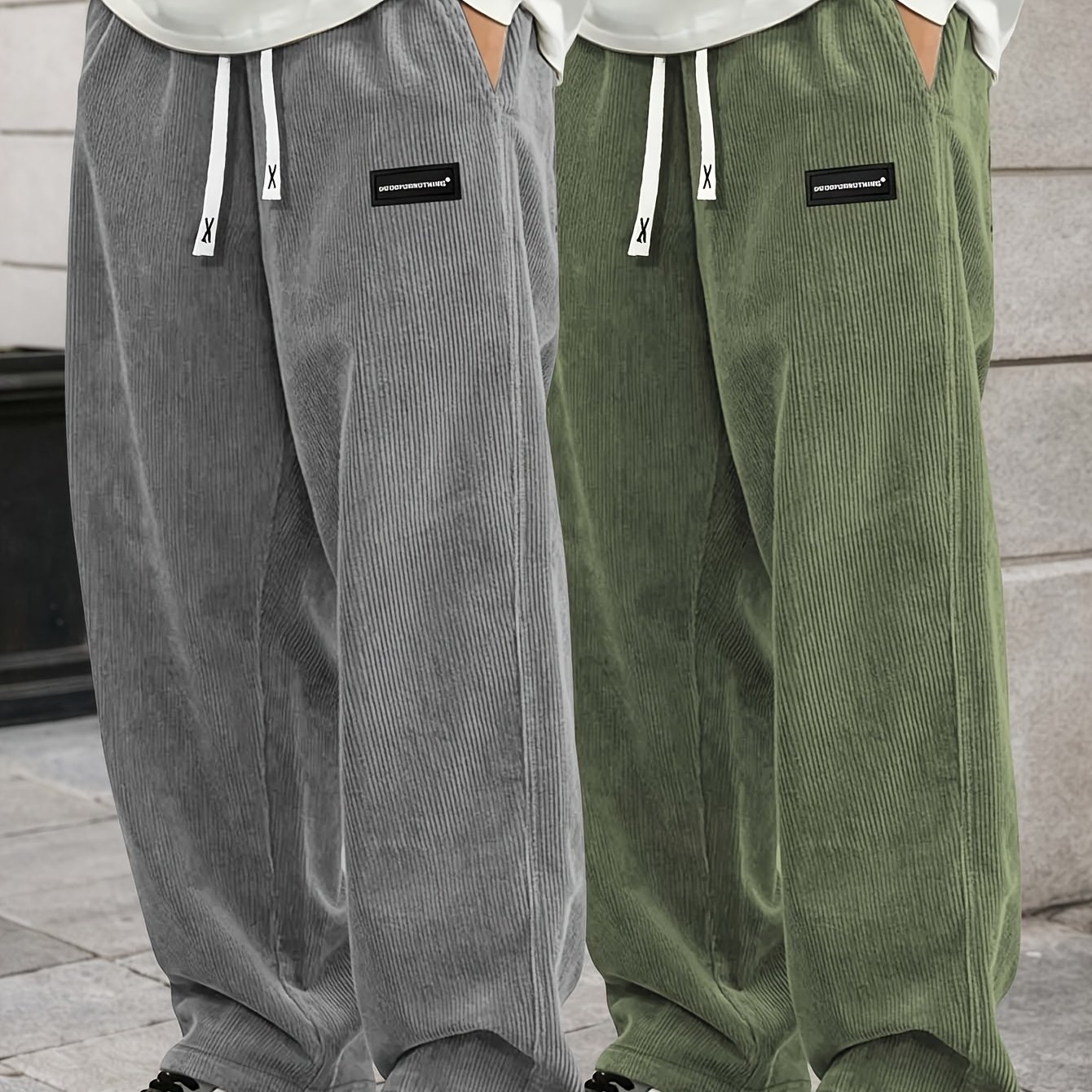 Men's Soft Corduroy Loose Straight-leg Pants, Adjustable Drawstring Waist Easy Cloth Label Street Style Trousers
