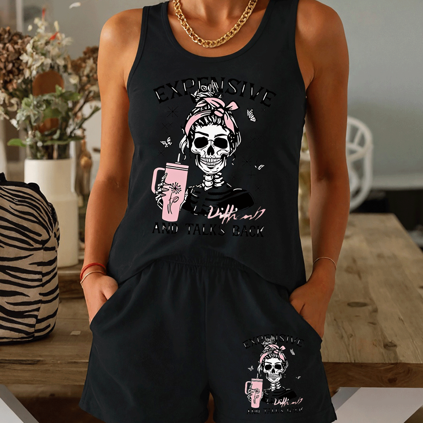 TEMU Skull Print Sleeveless Tank Top And Shorts Set, Summer Trendy Cool Casual 2pcs Loungewear, Comfortable Women's Fashion Apparel - Soft And