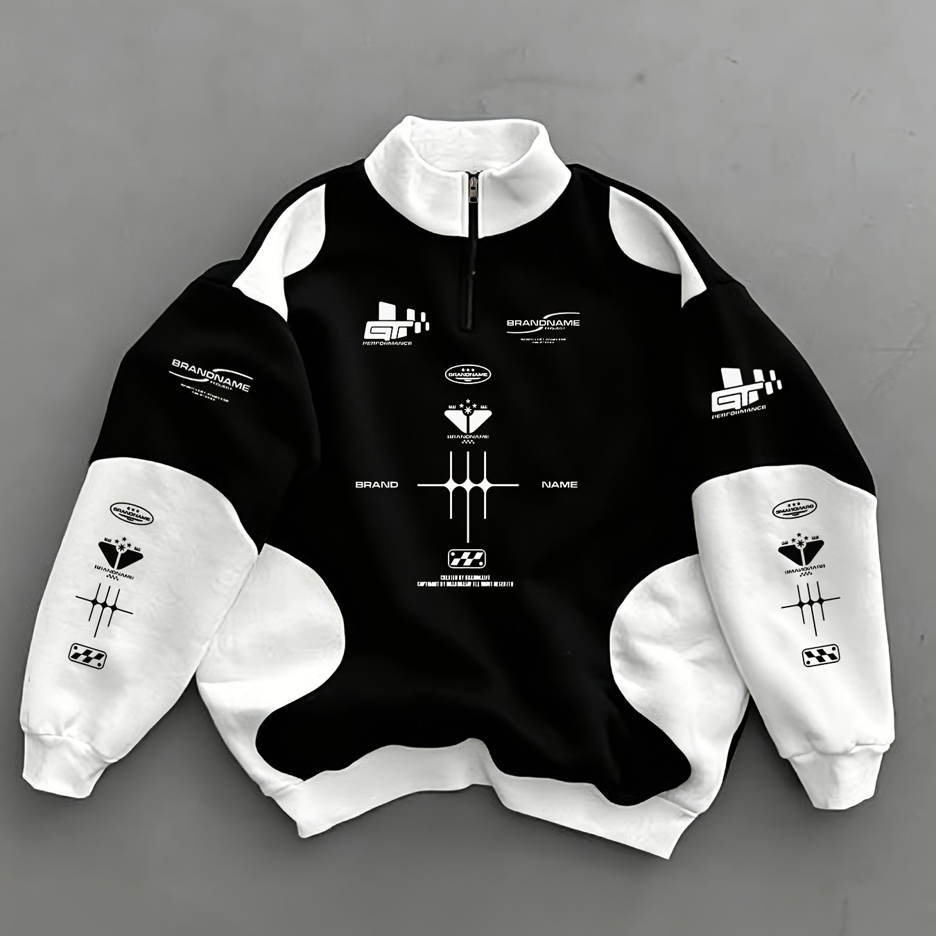 TEMU Men's Half-zip Stand Collar Sweatshirt Black White Contrast Racing Logo Print Autumn Loose Long Sleeve Pullover Top Techwear Campus Outdoor