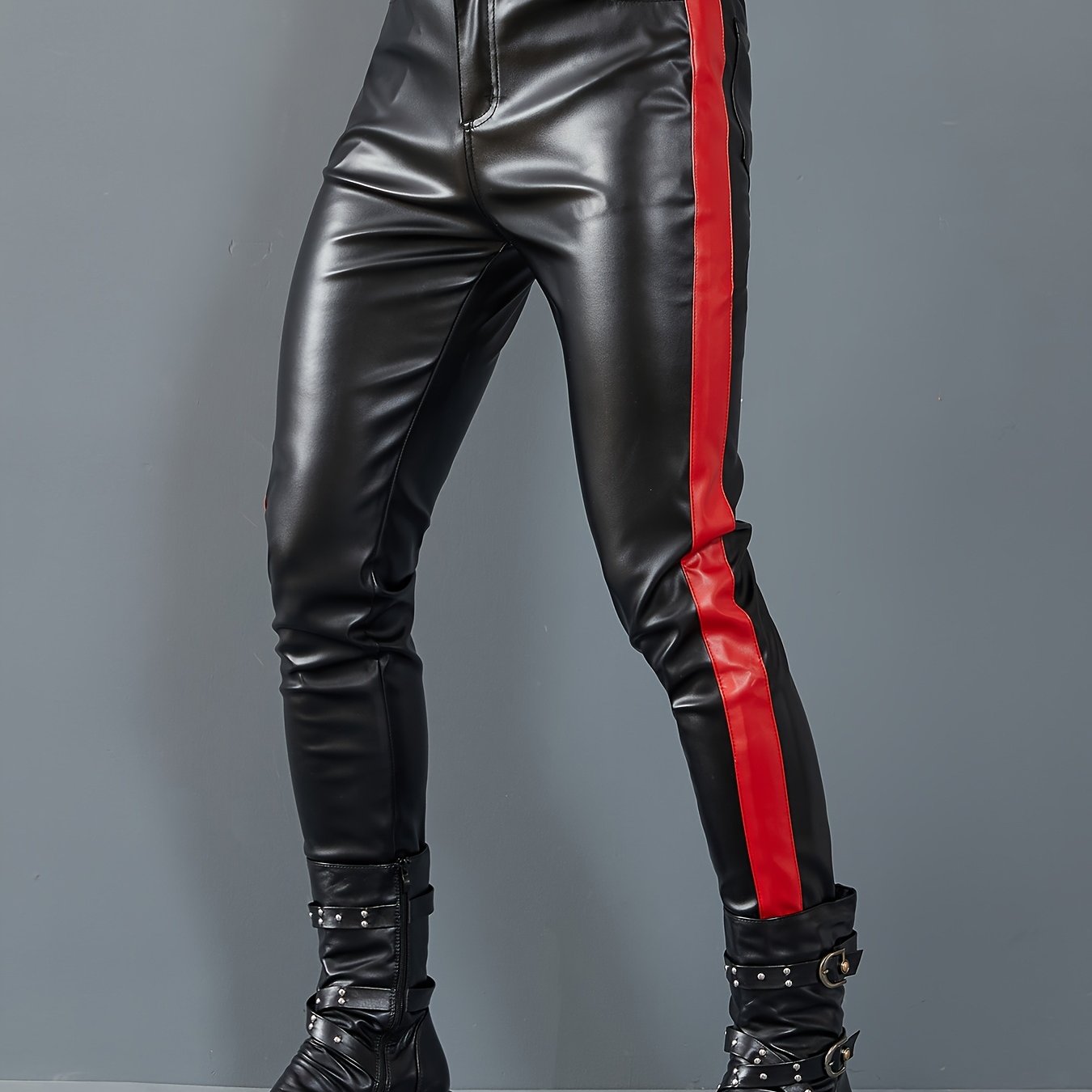 Men Stretchy Outdoor Halloween Party Cosplay Biker Motorcycle Pu Pu Leather Pants