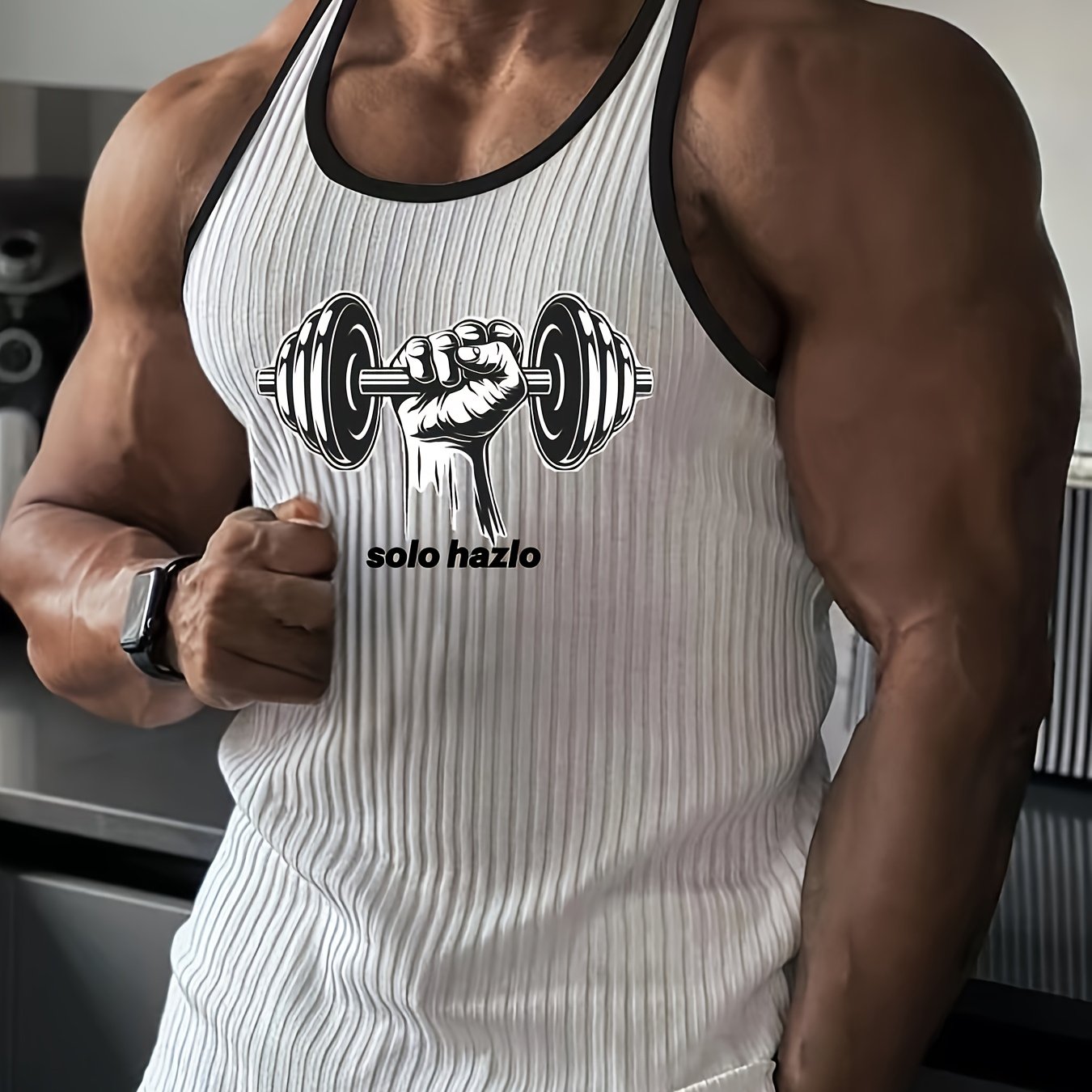 Moška brezrokavna majica za telovadbo s kontrastnim in grafiko Dumbbell/Solo – dihajoča majica za fitnes, tek, pohodništvo, plažo – oprijeta