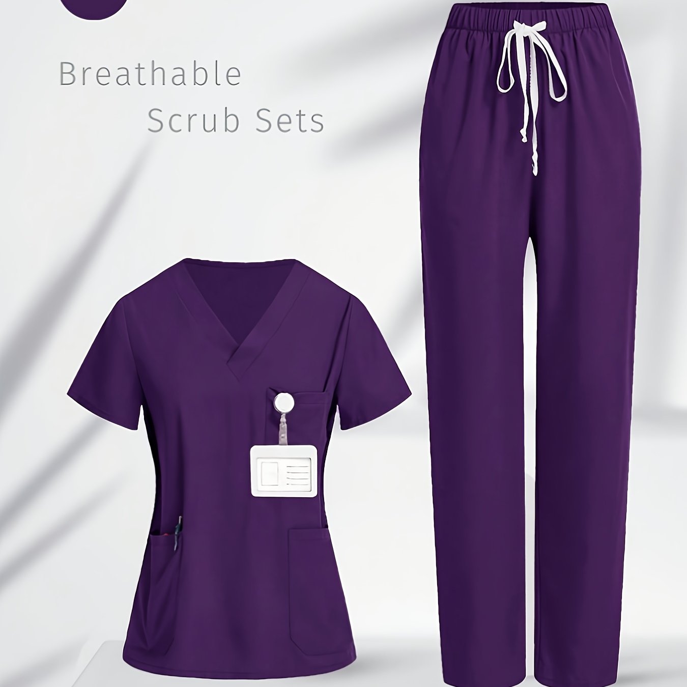 TEMU Elegante Completo da Lavoro Viola con Scollo a V, Top a Maniche Corte Multitasche e Pantaloni Lunghi, Tessuto e , , Facile da Lavare, Tuta da