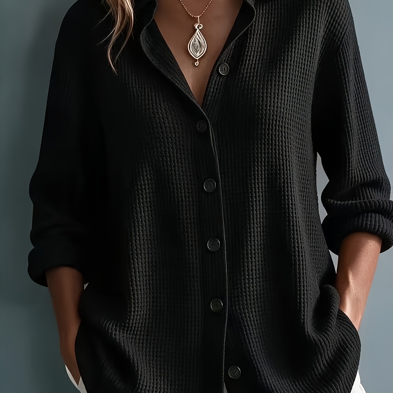 TEMU Plus Size - Western Autumn Winter Solid Color Lapel Long Sleeve Top