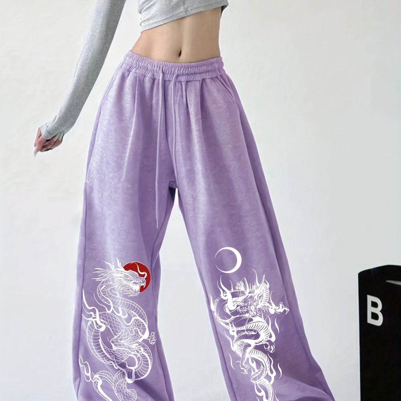 TEMU Dragon Print Loose Straight-leg Pants, Casual Hip-hop Street Pants, Women's Wide-leg Trousers