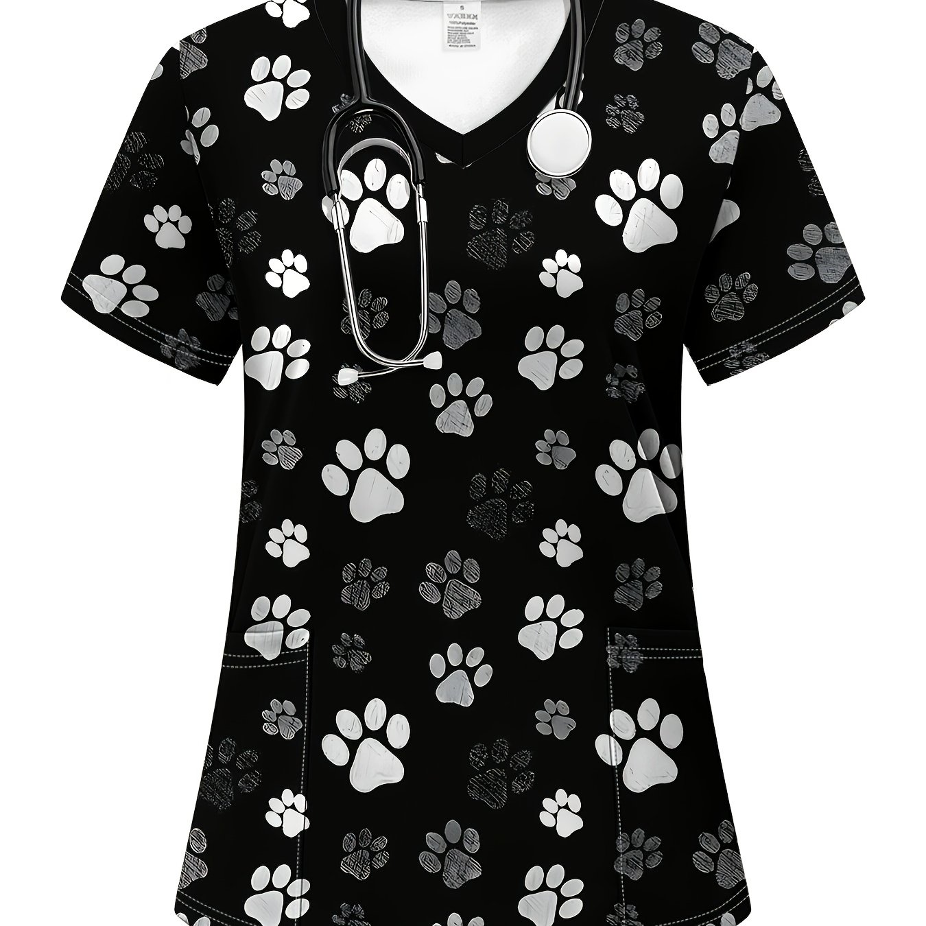 TEMU Women's Casual Short-sleeve V-neck Nurse Uniform Top With Pockets - Features A Print Design, Breathable And Machine Washable Fabric For