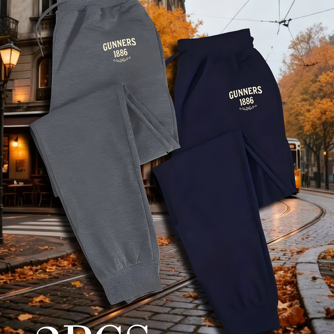 TEMU Two-pc Men's Casual Sports Pants With Drawstring, "gunners" (gunners) Pattern Print, 100% Knitted Fabric, Slightly Elastic, Suitable For Spring