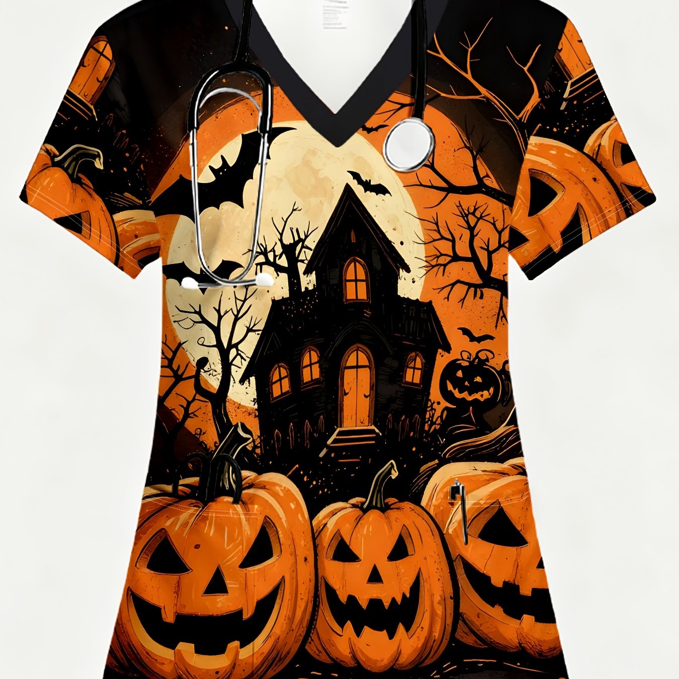 TEMU A Women's Scrub Suit, Print, , 2 Pockets, V-neck, Halloween Vintage Pumpkin Castle Print Women's Scrub Suit Dark Night Bat Elements Warm Orange