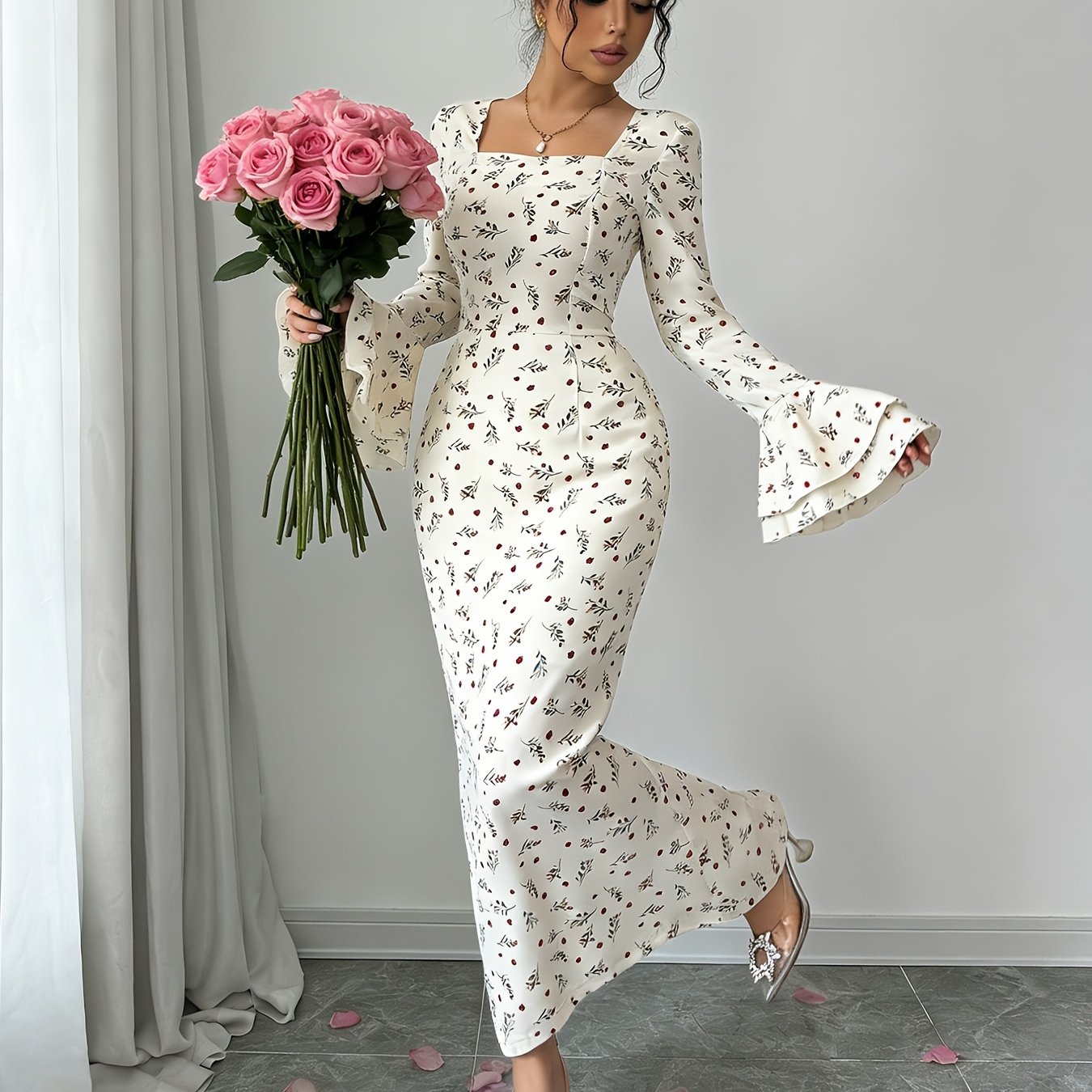 TEMU Elegant Fashion Women's Floral Neck Flared Design Date Dress Vacation Long Sleeve Hip-wrapped Mermaid Back Slit Dress Zllz