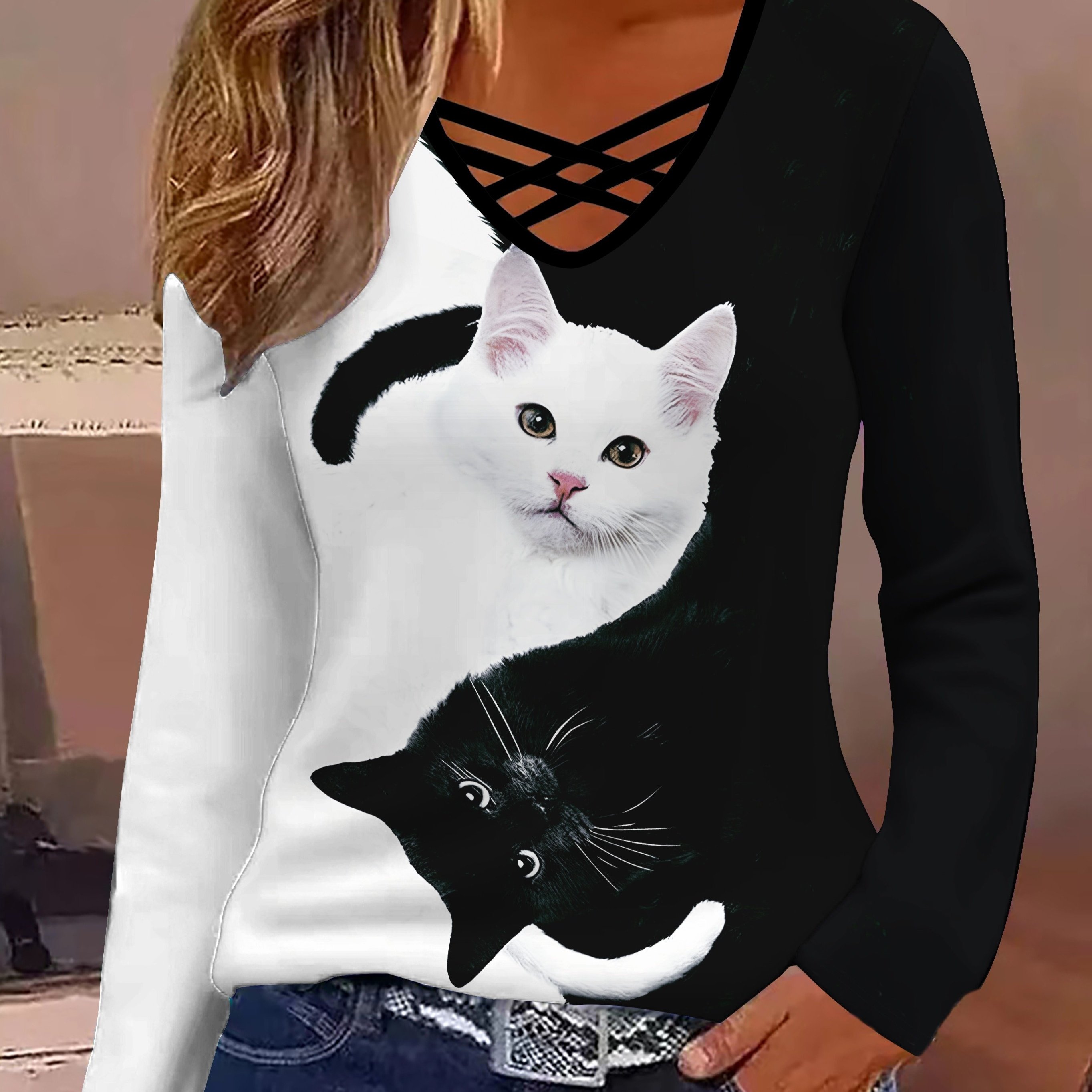 TEMU Cat Print V Neck T-shirt, Long Sleeve T-shirt For & Fall, Women's Clothing