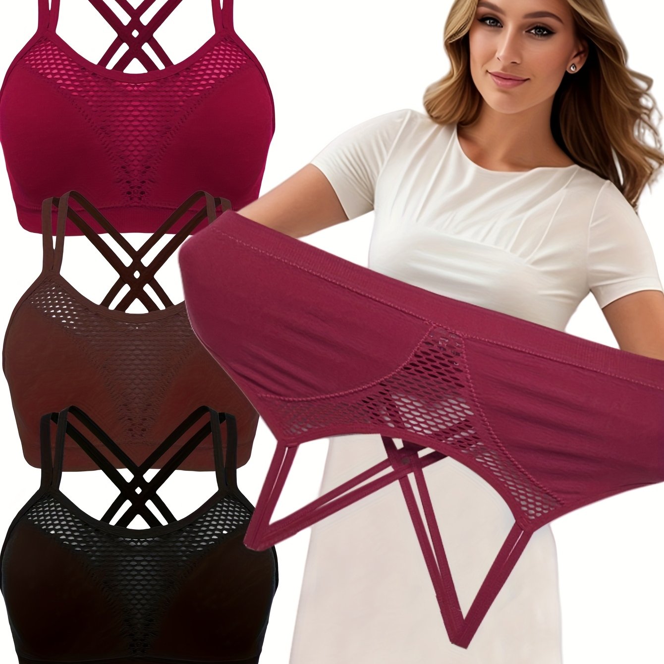 3pcs Set Solid Color Plus Size Seamless Wire-free Shockproof Sports Bra, Breathable Double Straps, Double Layer Removable Chest Pads, Elastic, Pullover, Running Yoga Sports Multifunctional Underwear