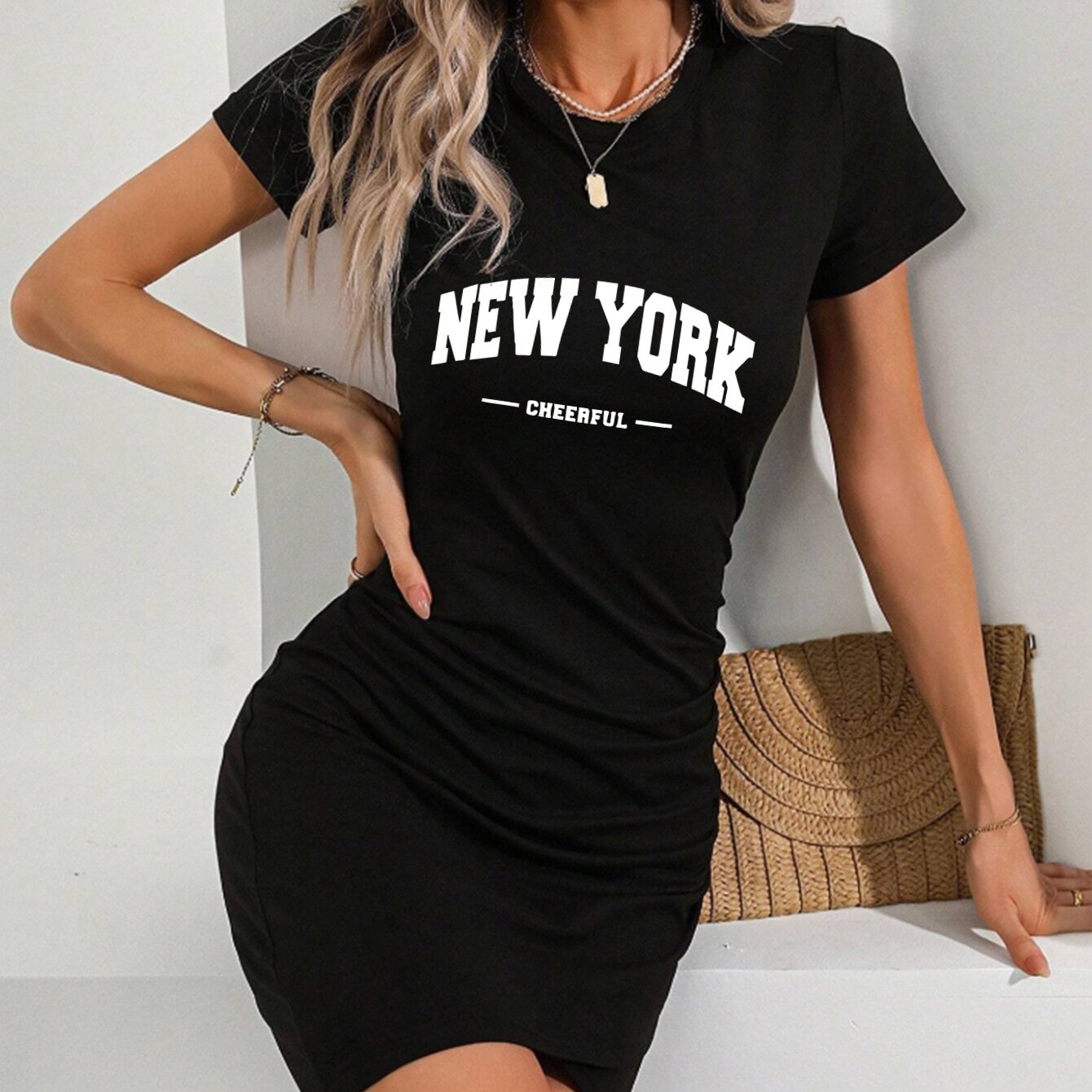 TEMU Women's Sexy Bodycon Dress - Art Print T-shirt Dress With Stretchy Breathable Fabric, Short Sleeve Round Neck, Machine Washable, Black,