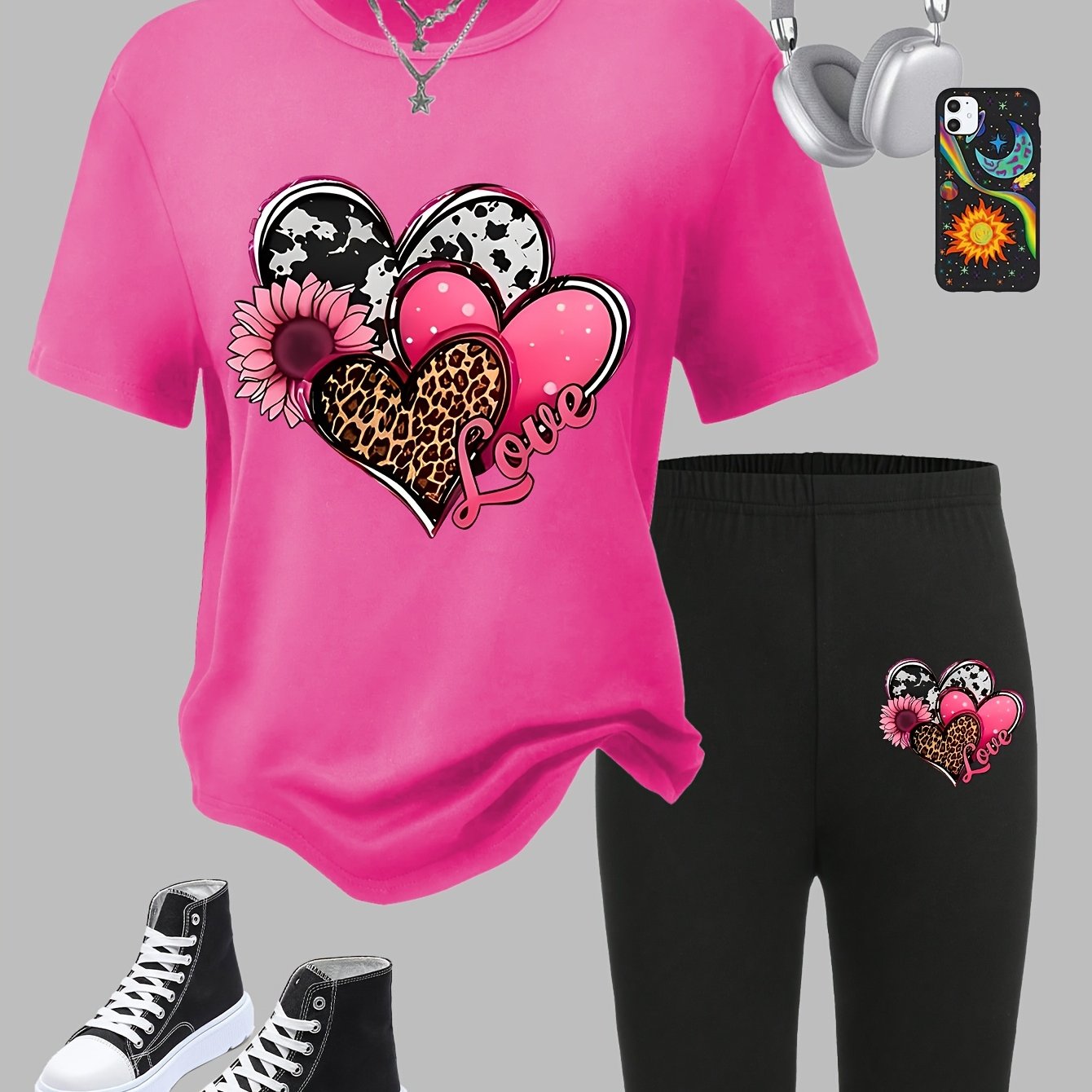 Image of Girls' Fashion Heart Summer T-shirt And Shorts 2pcs Set For Outdoor, For Teenager, For Teenager