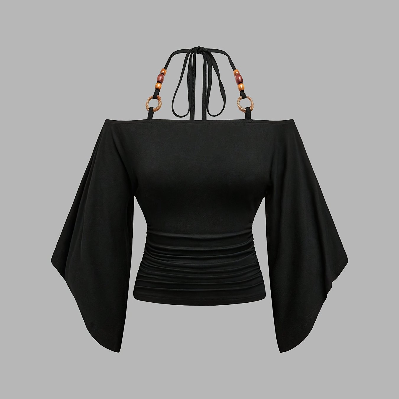 Women's Fashion Sexy Halter Neck Tie-string Cutout Design Summer Oversized Sleeve Solid Color Top