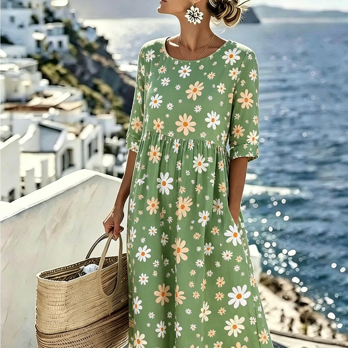 Plus Size Floral Print Dress For Women Casual 3/4 Sleeve Crew Neck Loose Midi Dress, Lightweight Flowy Beach Vacation Dress For Summer