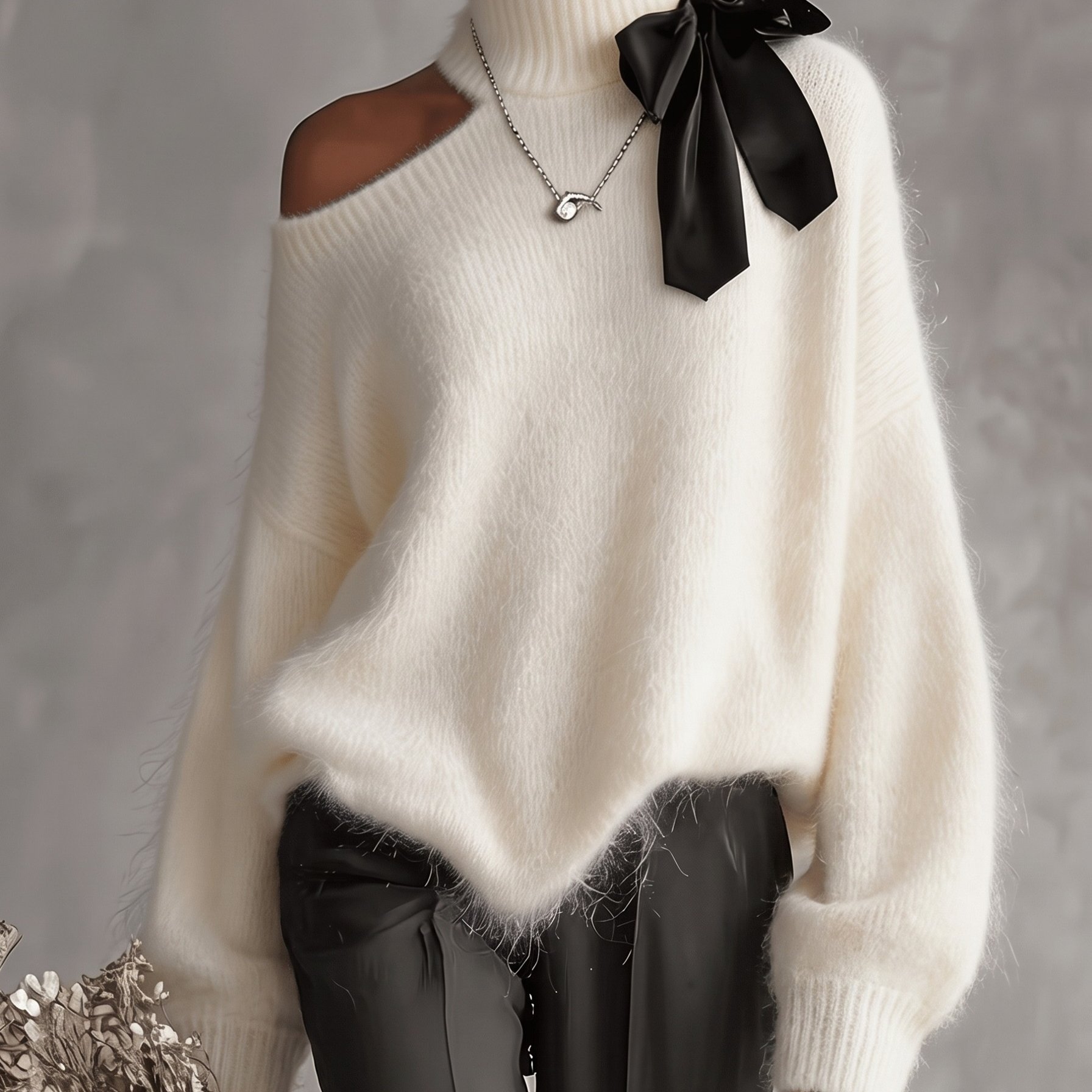 TEMU Pull Femme Col Fournissant et Épaules Démontées , Haut à Manches Longues avec Nœud Papillon, Mode Automne [Bzra]